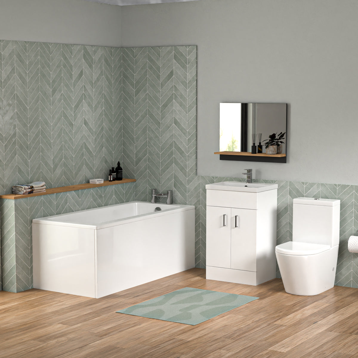 Bathroom Suite 1500mm Square Bathtub With Freestanding Vanity & Close Coupled Toilet