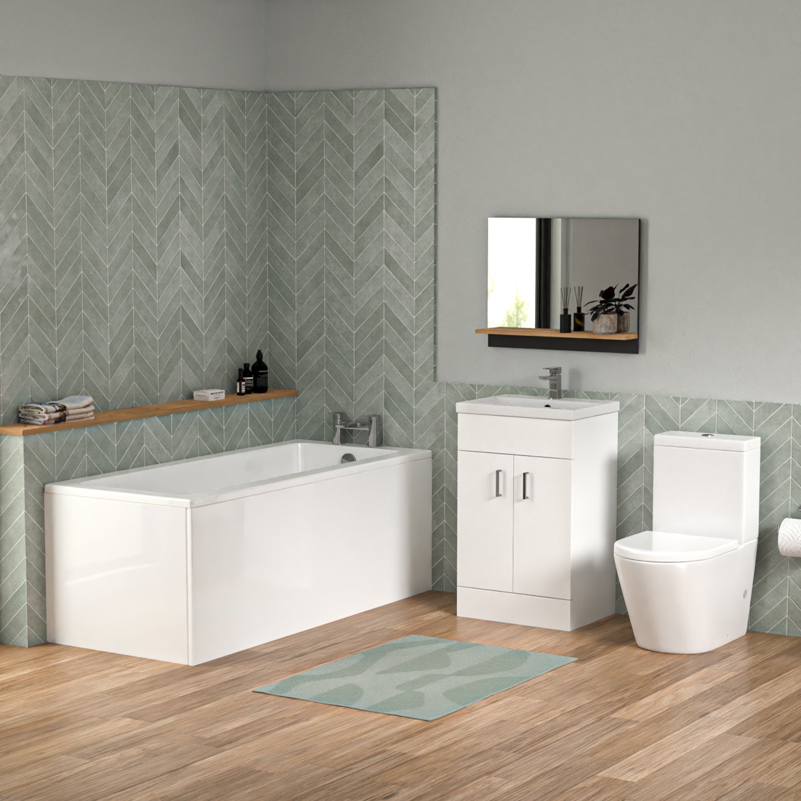 Bathroom Suite 1600mm Square Bathtub With Freestanding Vanity & Close Coupled Toilet