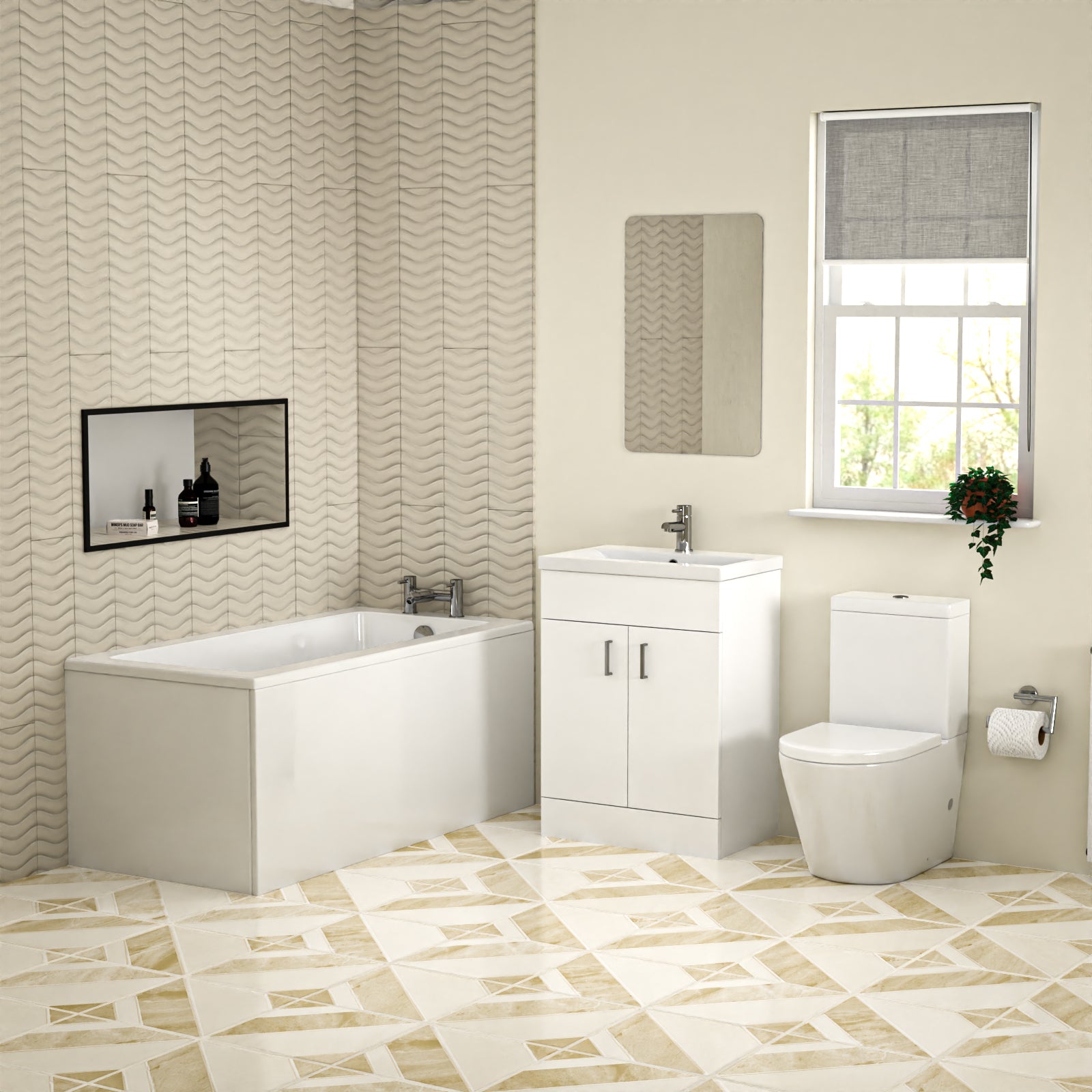 Bathroom Suite 600mm Floorstanding Vanity With Toilet and 1400mm Bathtub