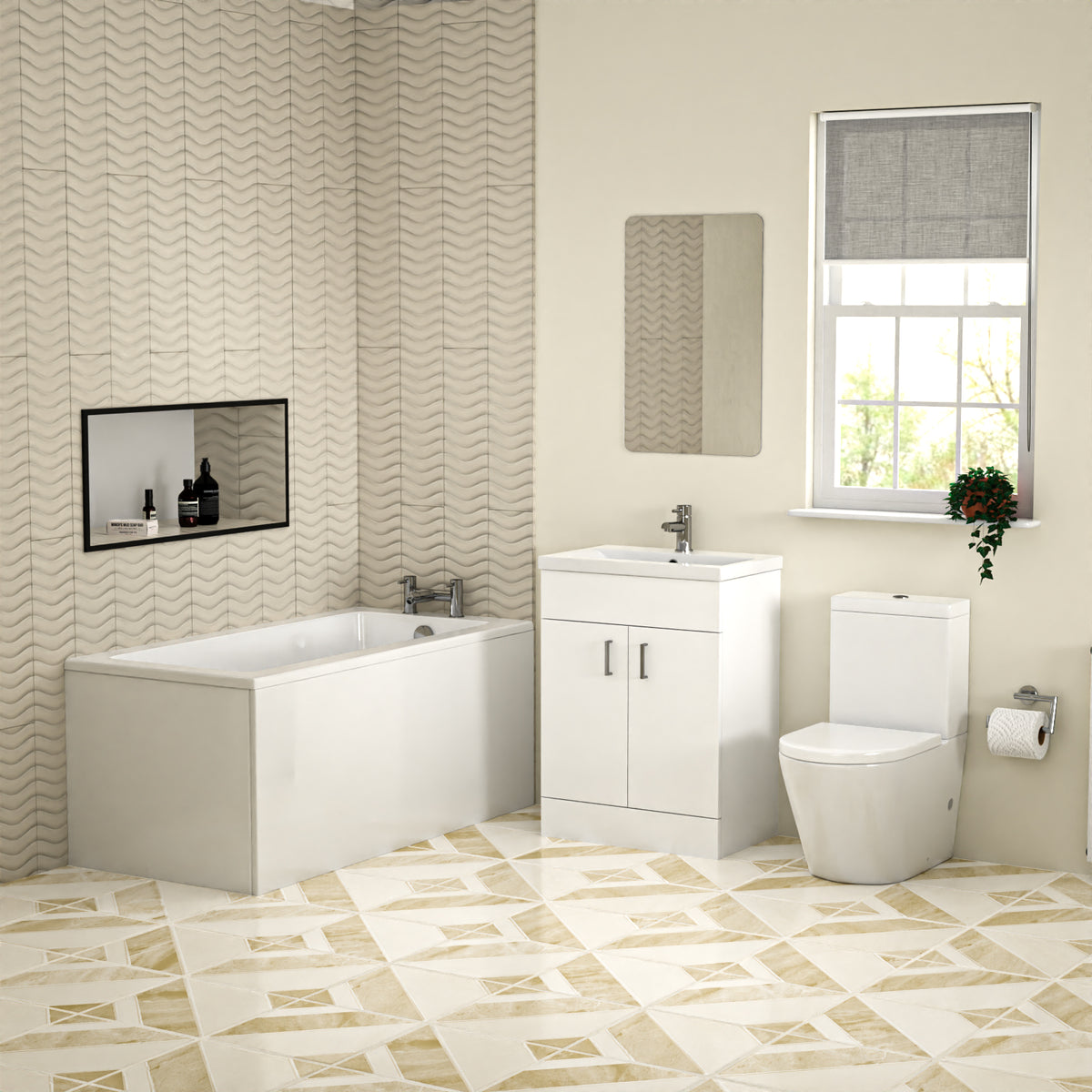 Nes Home Bathroom Suite 600mm Floorstanding Vanity With Toilet and 1400mm Bathtub