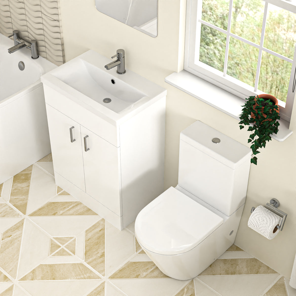 Bathroom Suite 600mm Freestanding Vanity With Toilet and 1400mm Bathtub