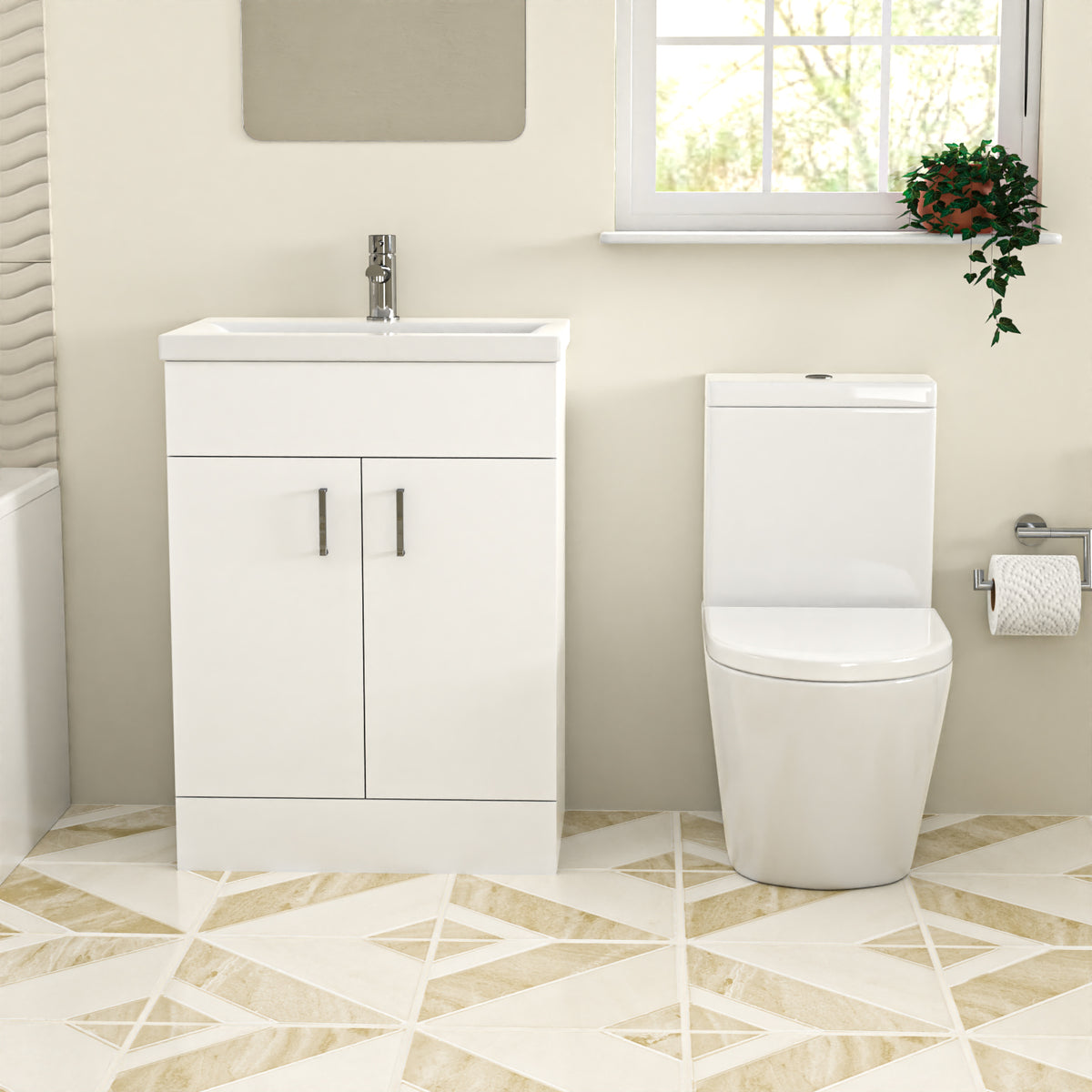 Nes Home Bathroom Suite 600mm Floorstanding Vanity With Toilet and 1400mm Bathtub