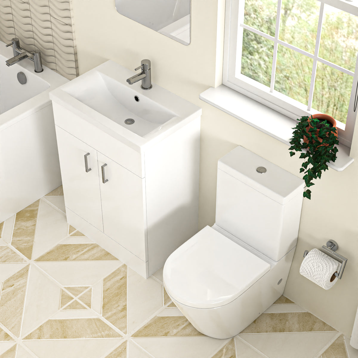 Nes Home Bathroom Suite 600mm Floorstanding Vanity With Toilet and 1400mm Bathtub