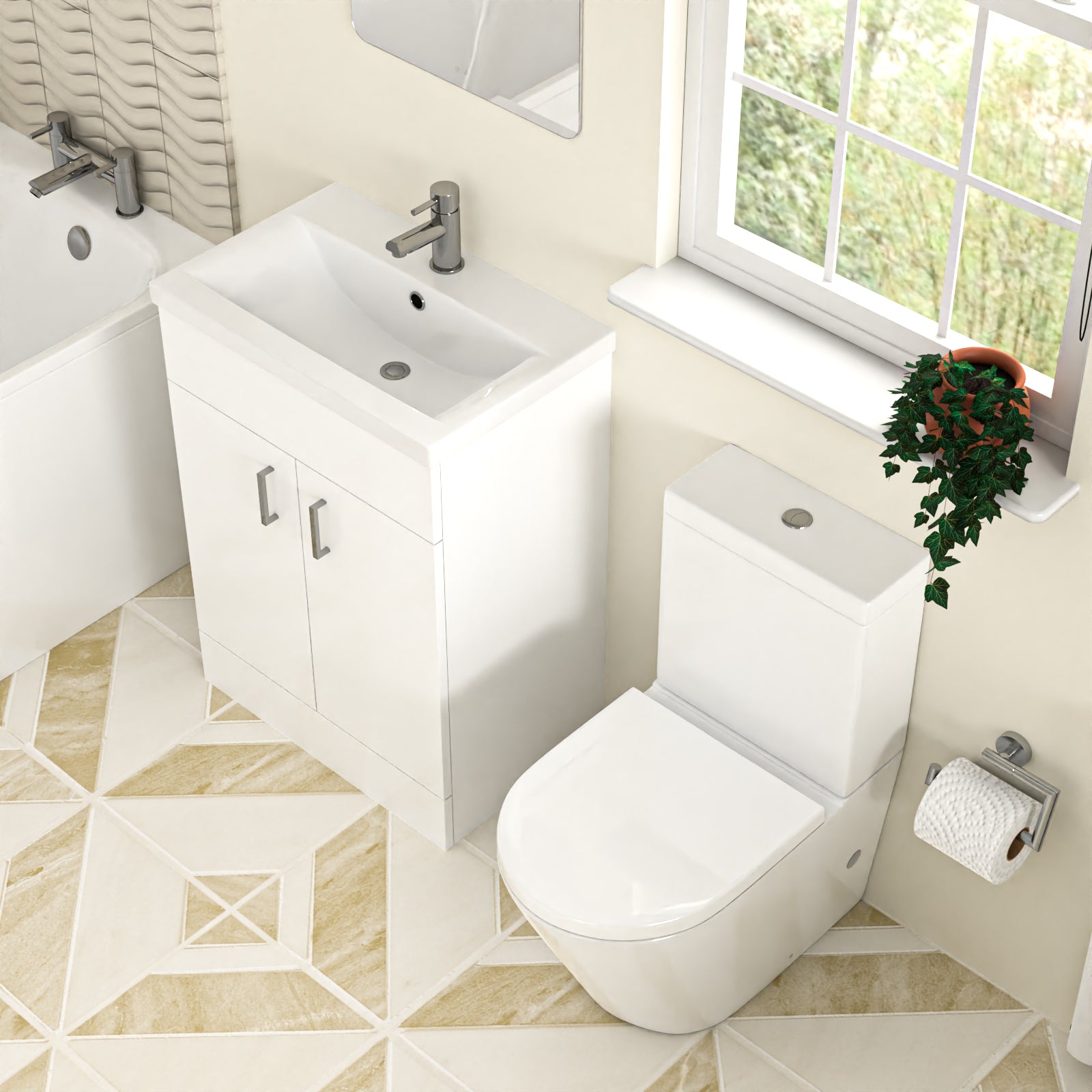 Bathroom Suite 600mm Freestanding Vanity With Toilet and 1600mm Bathtub