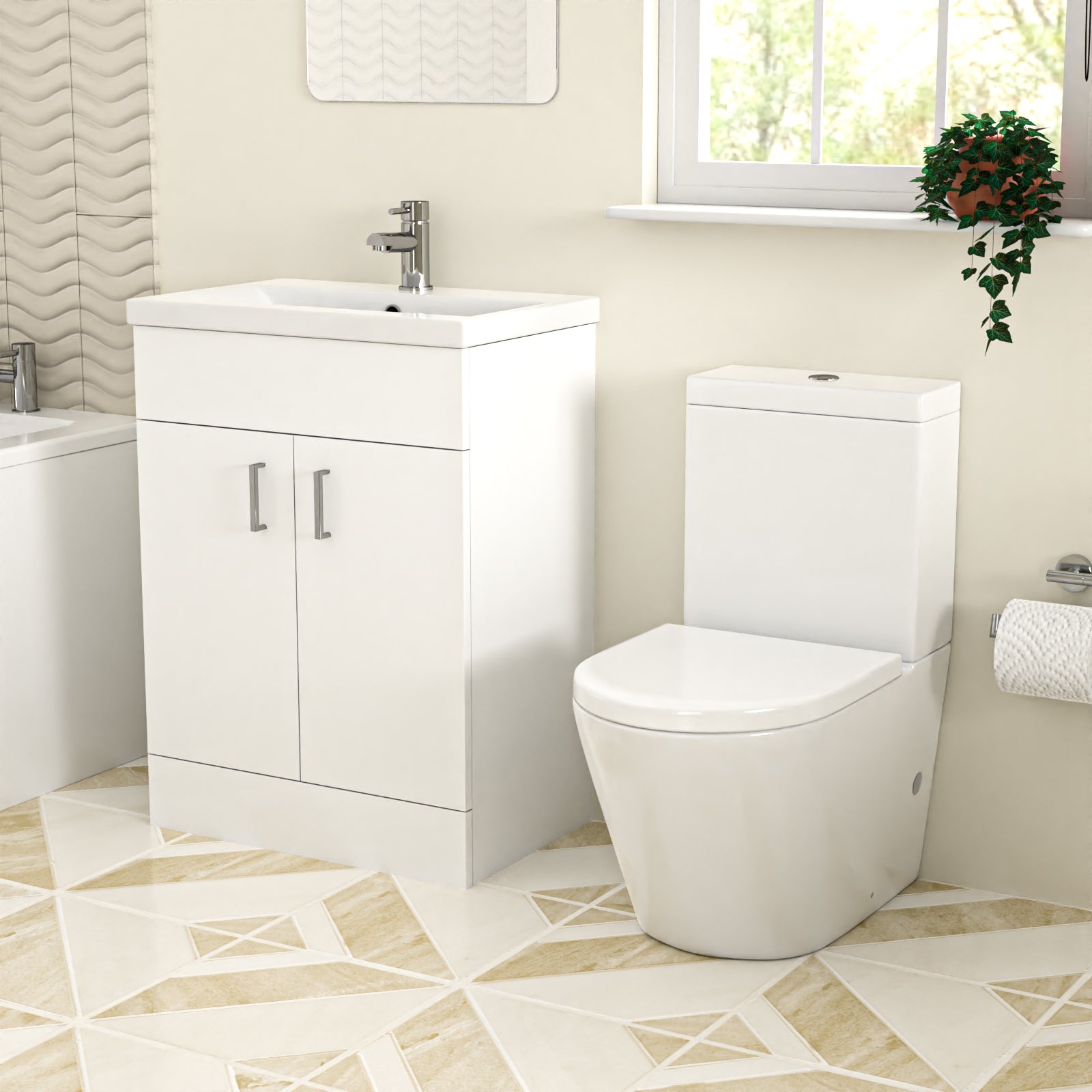Bathroom Suite Square 1600mm Bathtub With 600mm Freestanding Vanity and Close Coupled Toilet