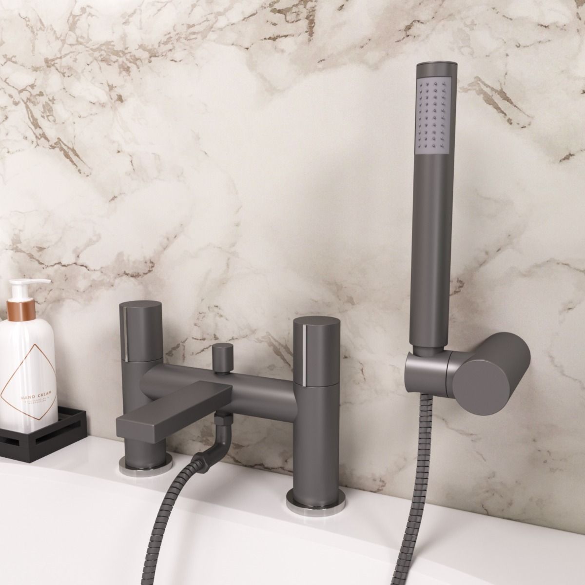 Arte Grey Deck Mounted Handleless Bath Shower Mixer Matt Grey With Handset And Adjustable Holder