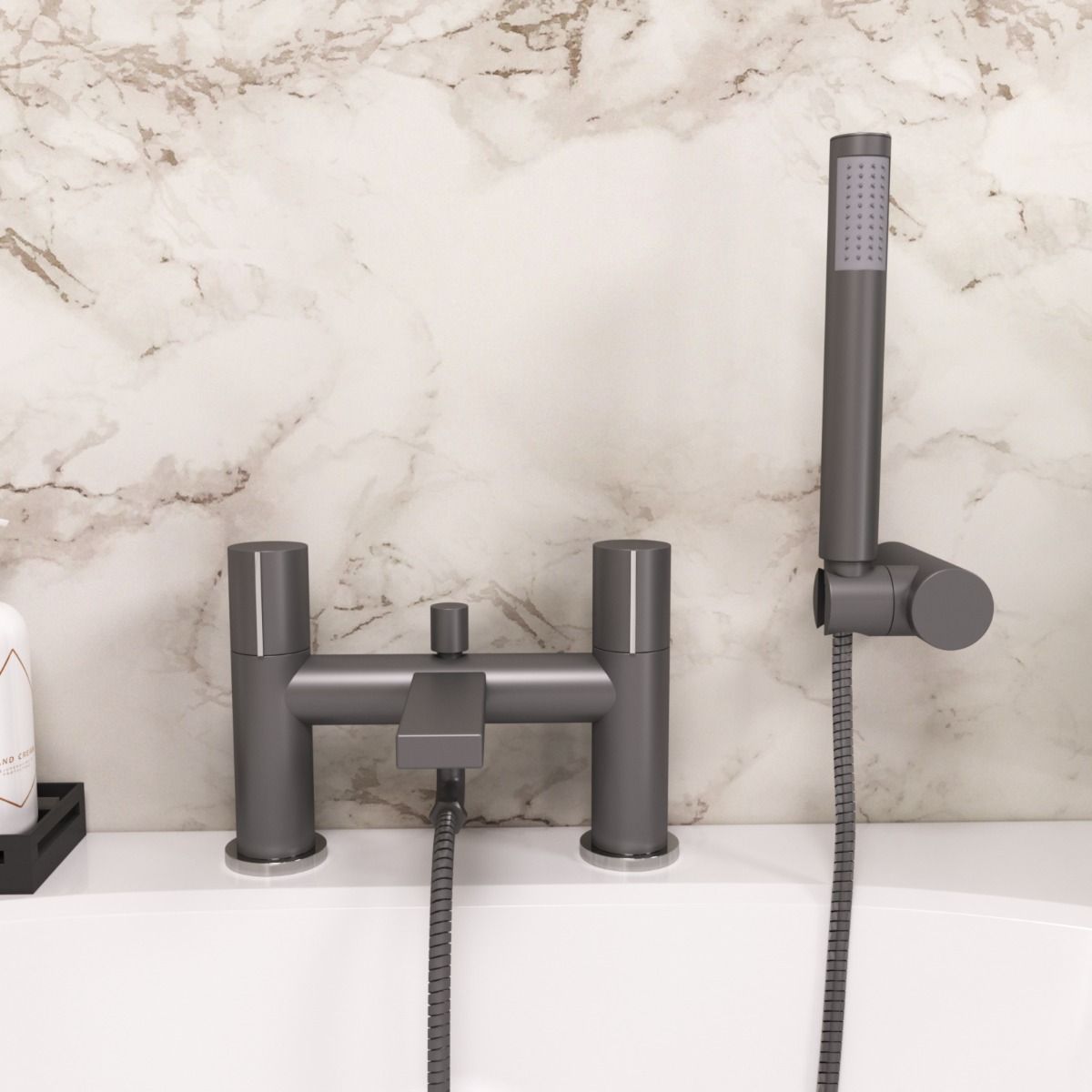 Arte Grey Deck Mounted Handleless Bath Shower Mixer Matt Grey With Handset And Adjustable Holder