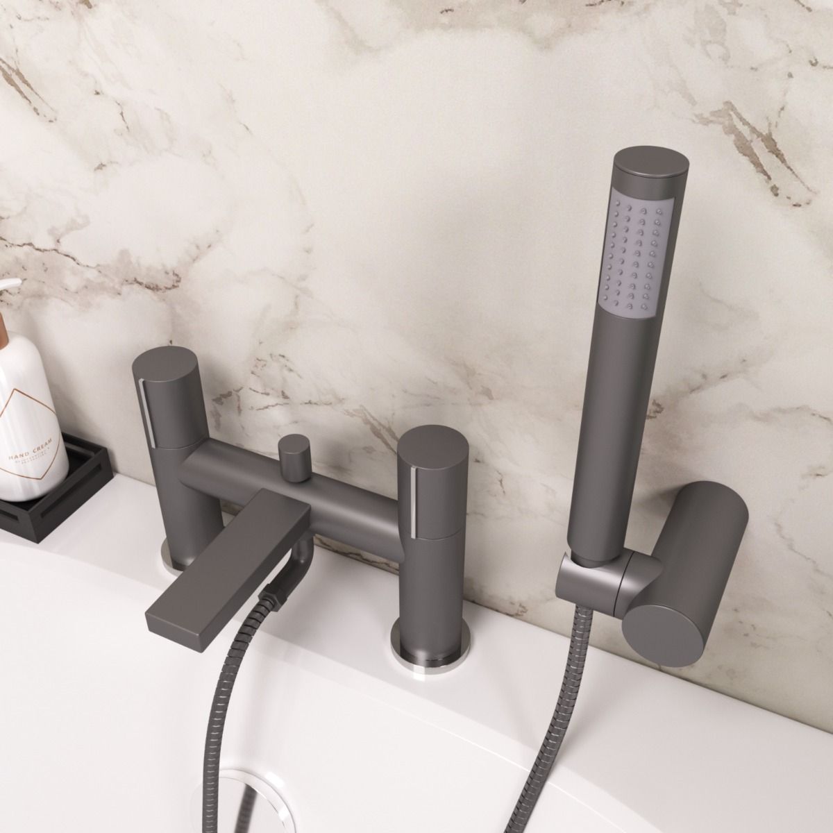 Arte Grey Deck Mounted Handleless Bath Shower Mixer Matt Grey With Handset And Adjustable Holder