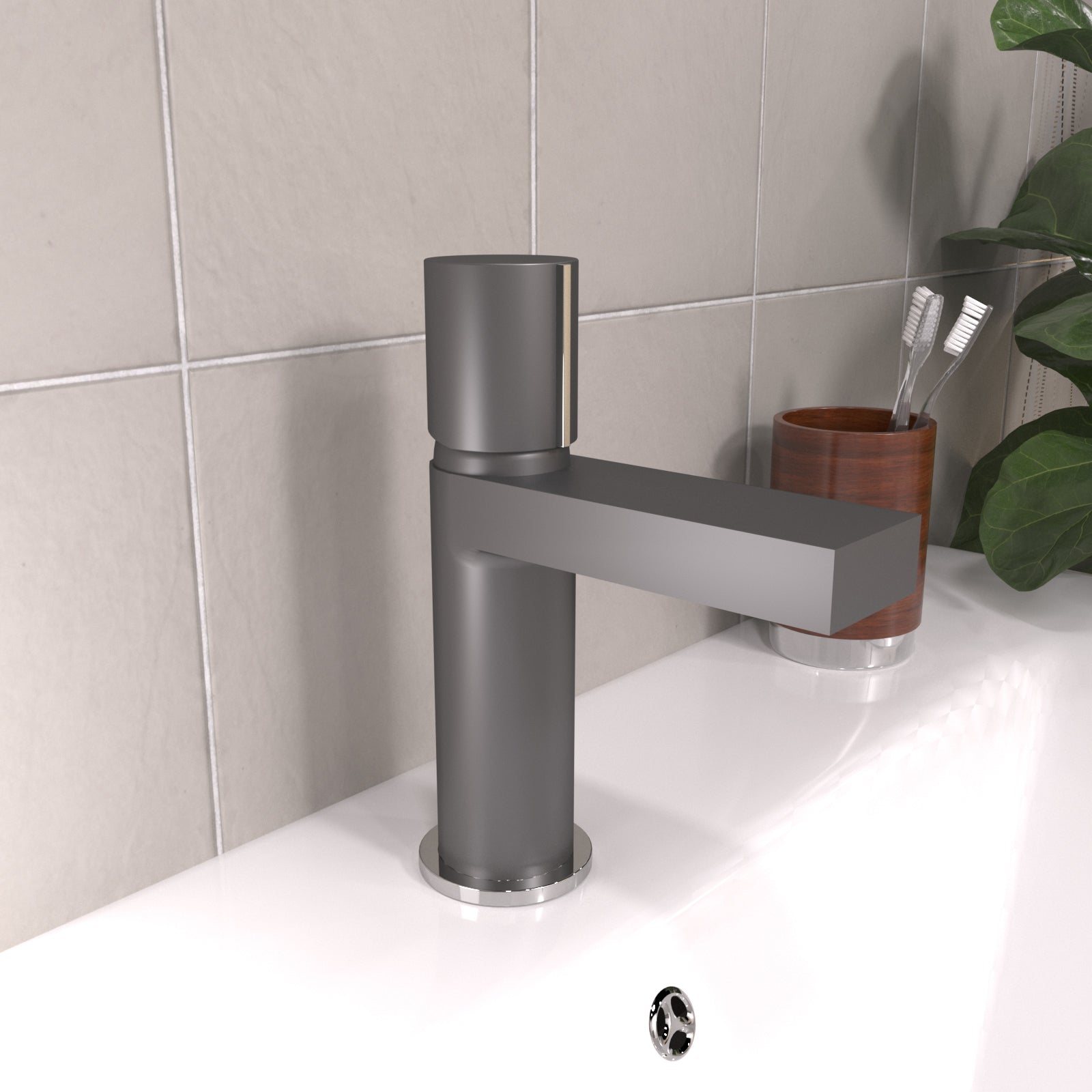 Handleless Futuristic Matt Grey Basin Mixer Tap Deck Mounted Brass Core