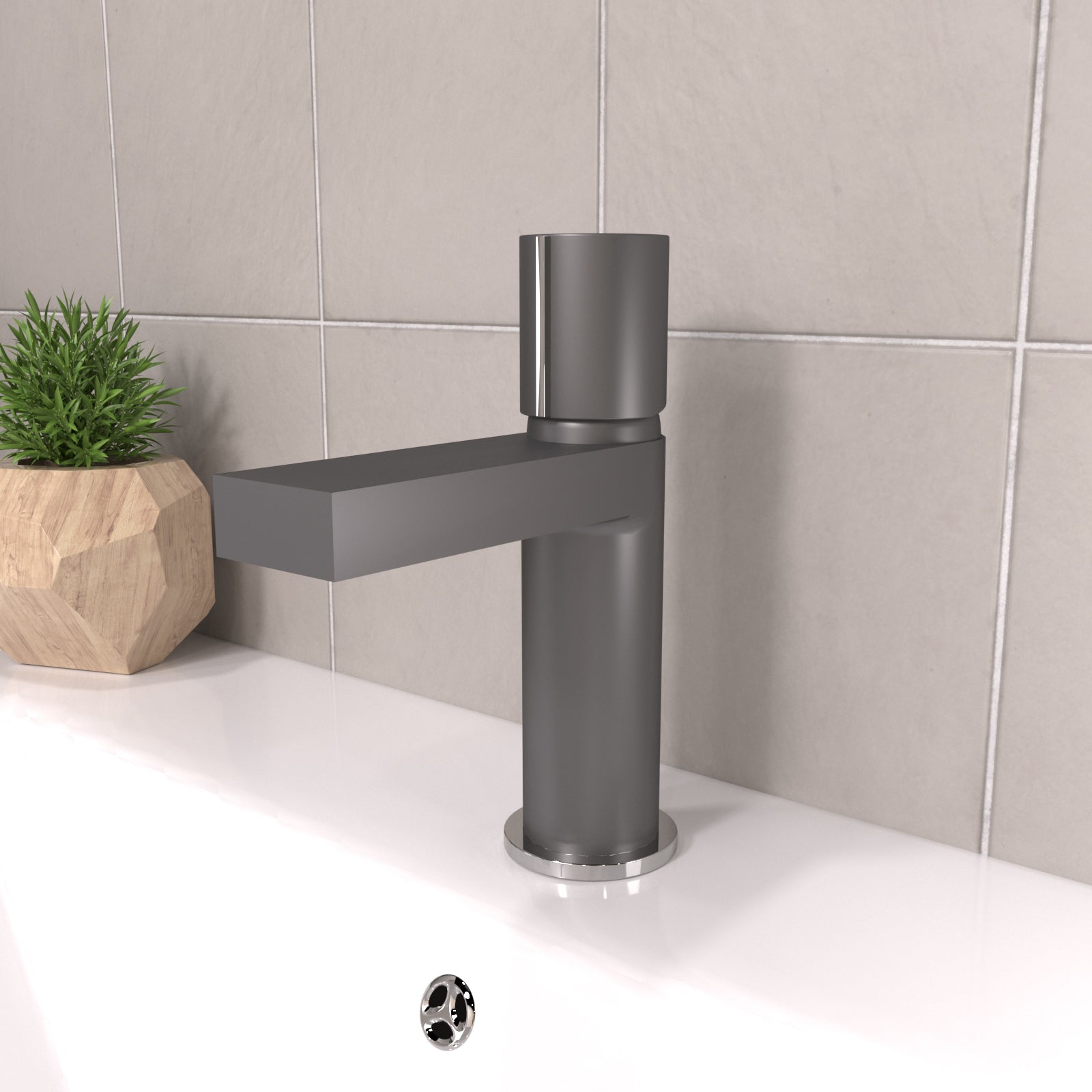 Handleless Futuristic Matt Grey Basin Mixer Tap Deck Mounted Brass Core