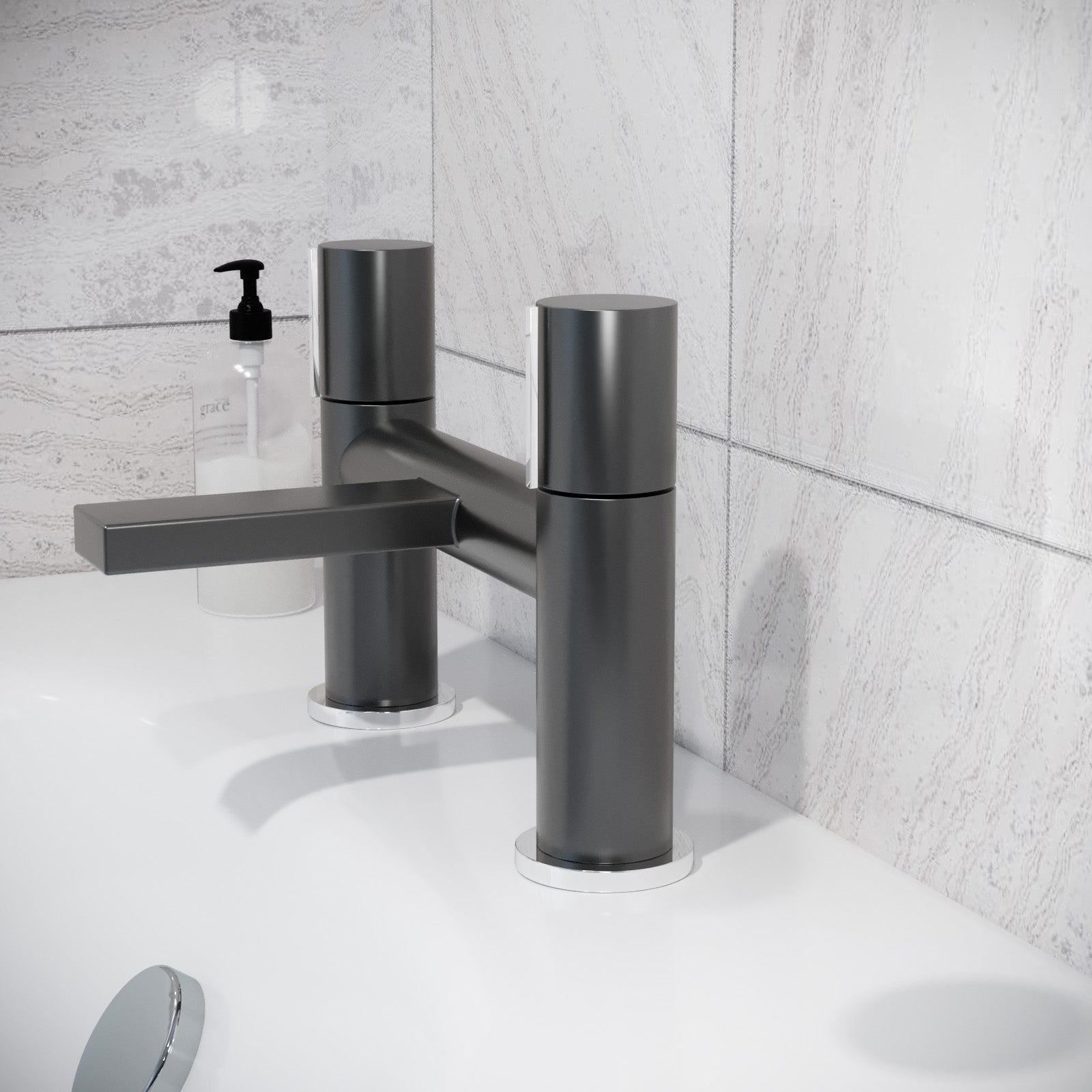 Matte Grey Arte Handleless Futuristic Bath Filler Tap Deck Mounted Brass