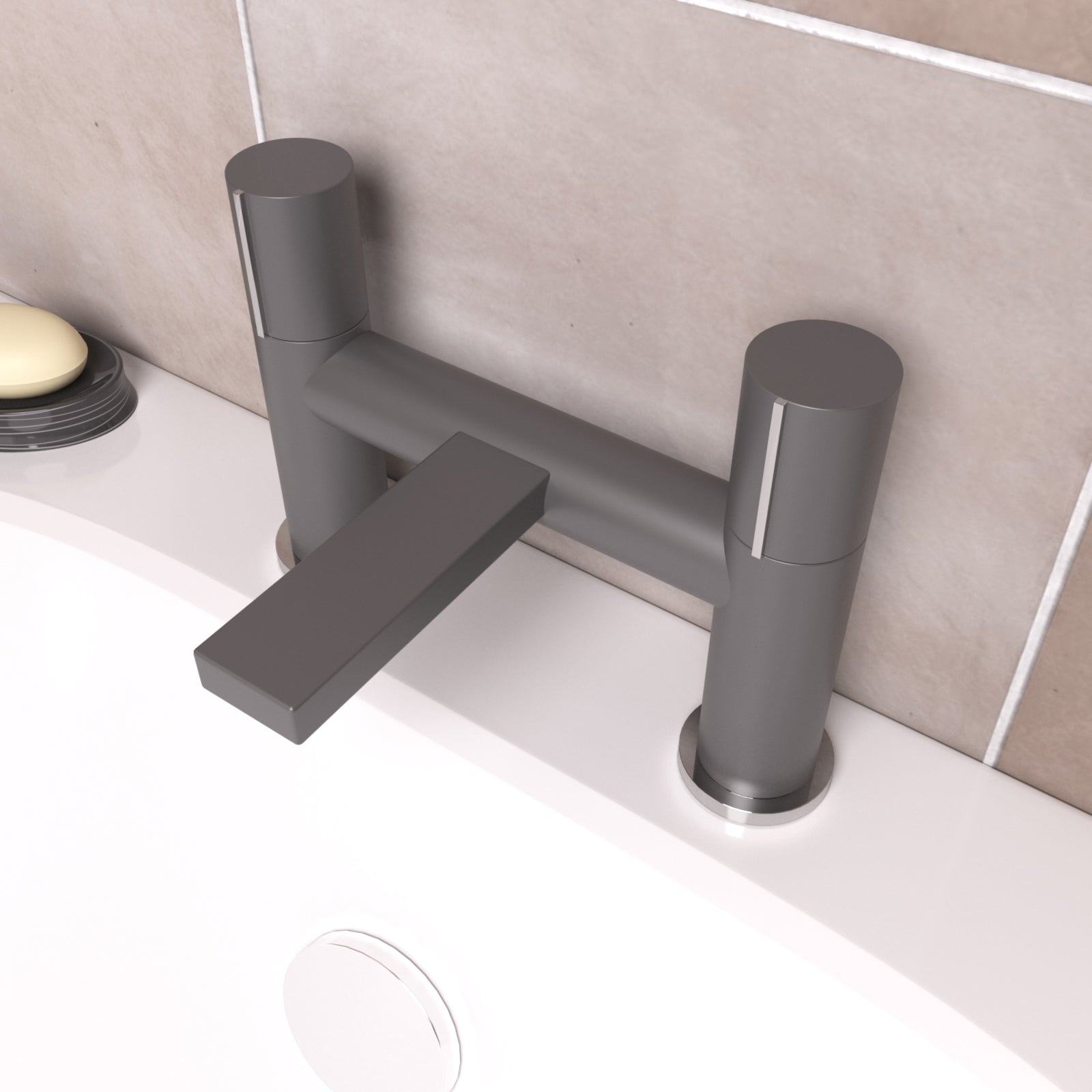 Matte Grey Arte Handleless Futuristic Bath Filler Tap Deck Mounted Brass