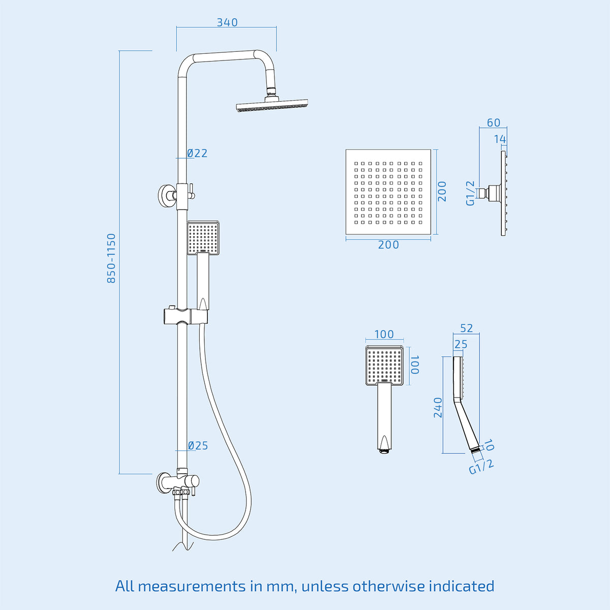 Square Exposed Shower Set, Single Mode Handset & Bath Filler - Chrome