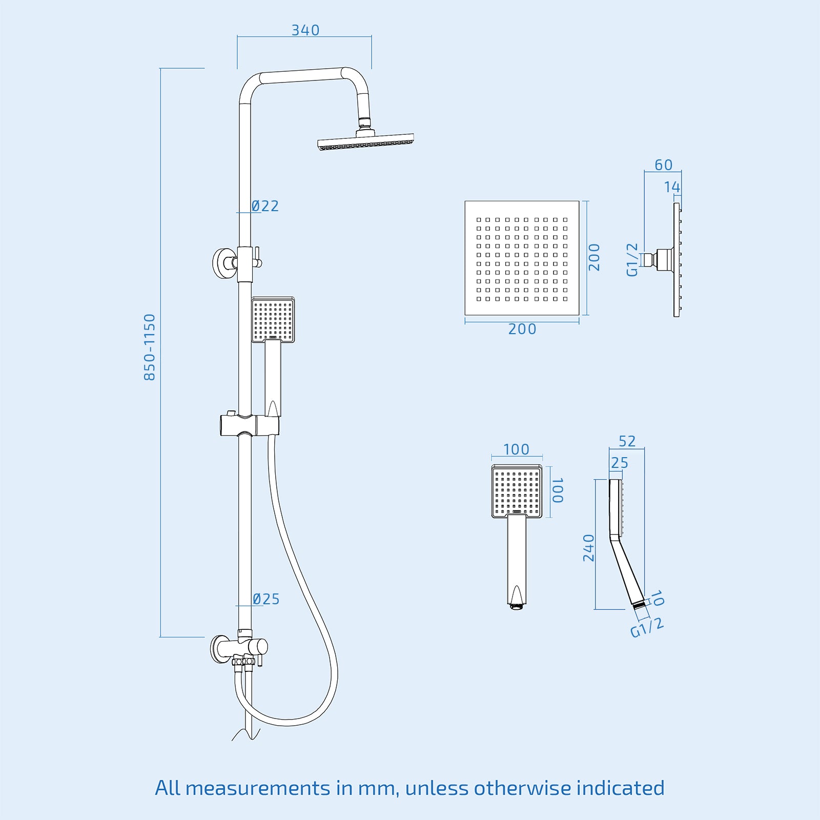 Square Exposed Shower With Handset & Thermostatic Bar Valve - Matte Black