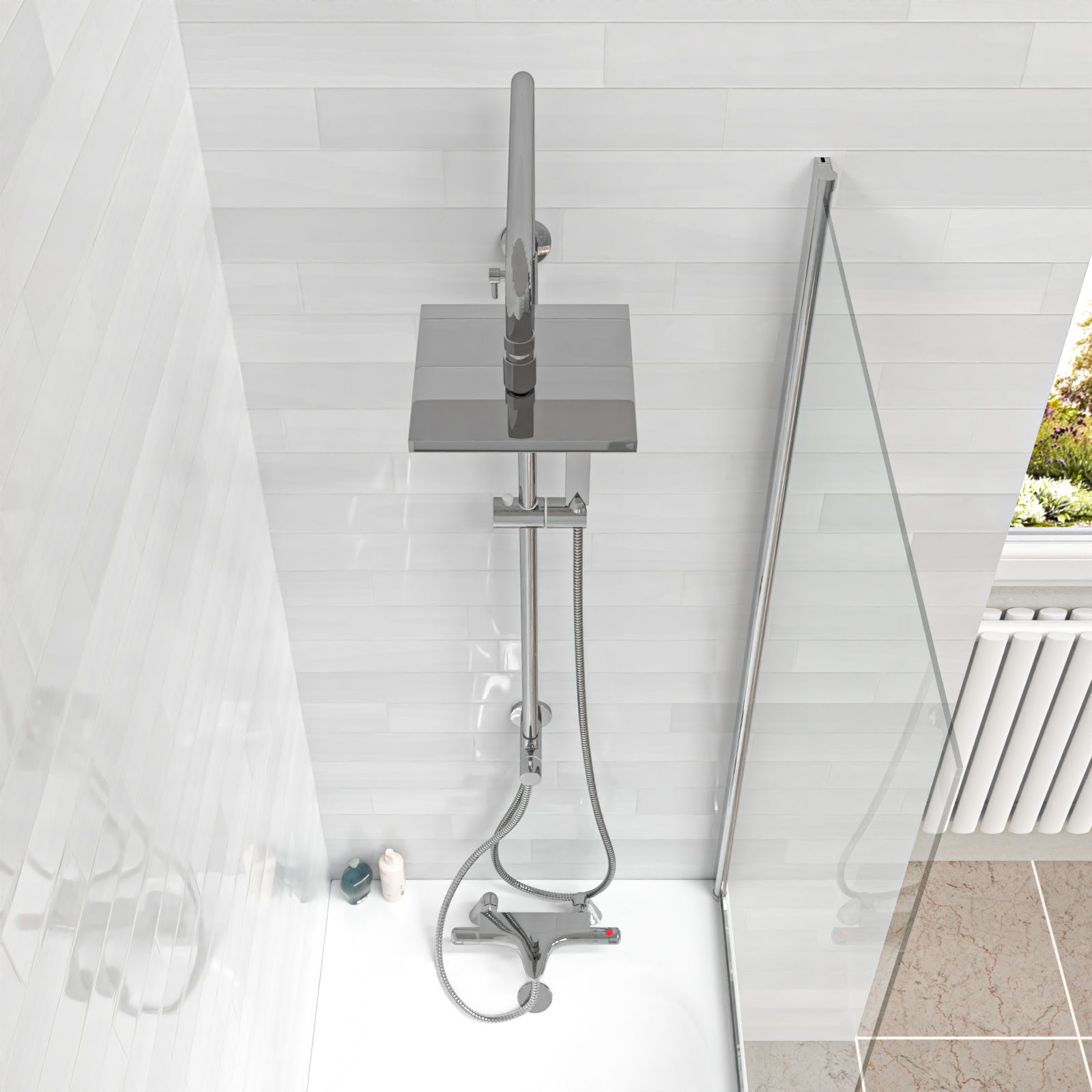 Square Chrome Exposed Shower Mixer Thermostatic Riser Rail & Handset