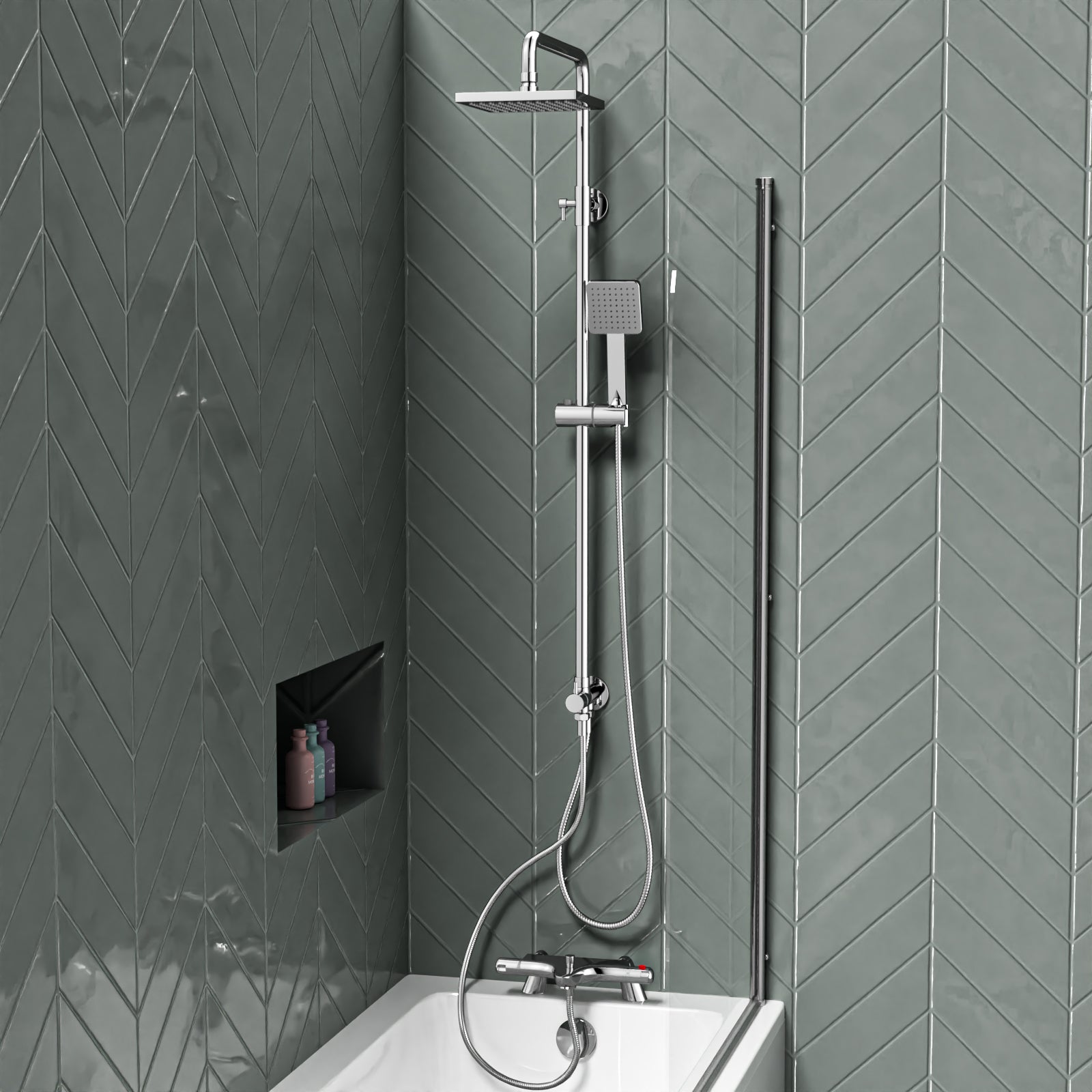 Square Exposed Shower Set, Single Mode Handset & Thermostatic Bath Filler - Chrome