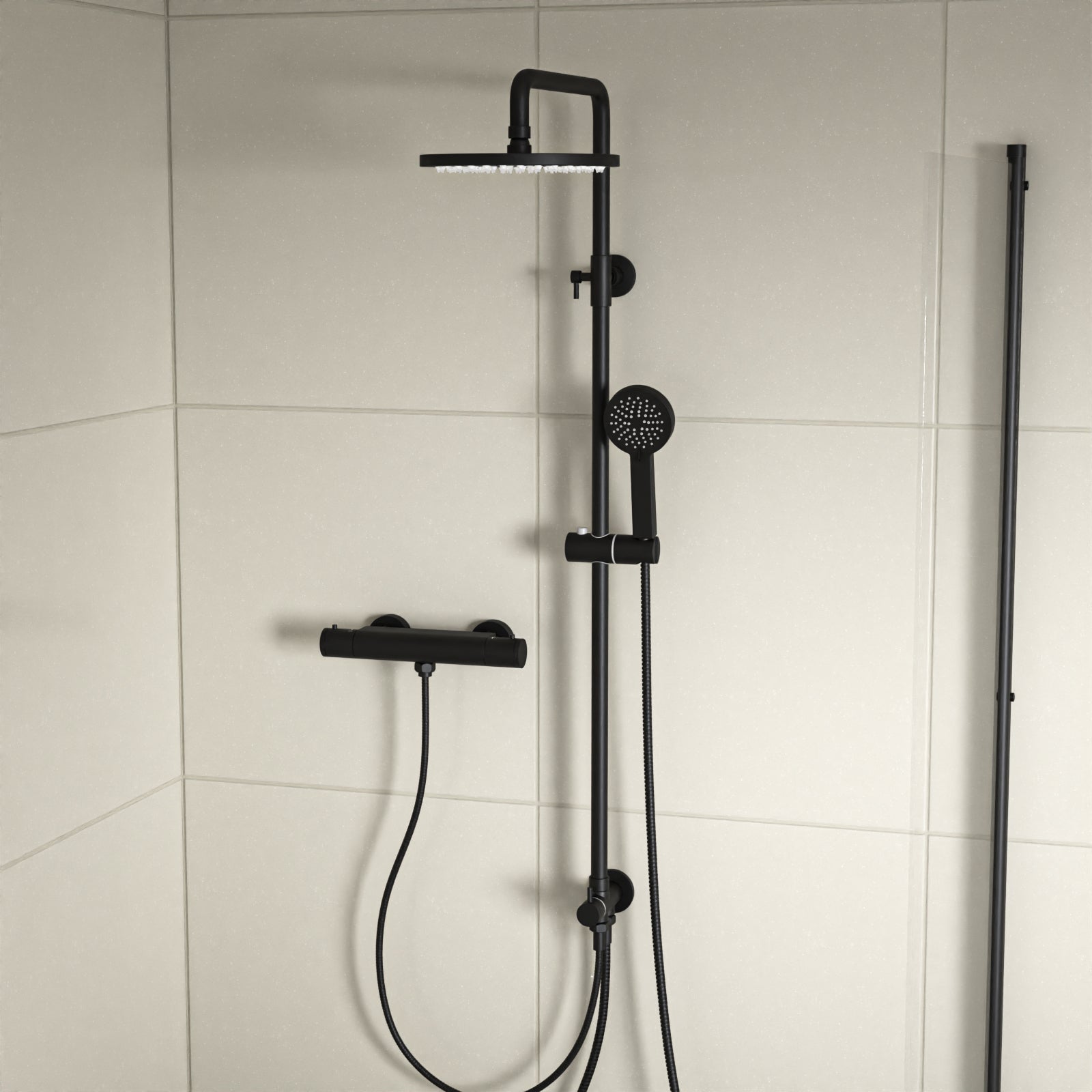 Round Exposed Shower With Handset & Thermostatic Bar Valve - Matte Black