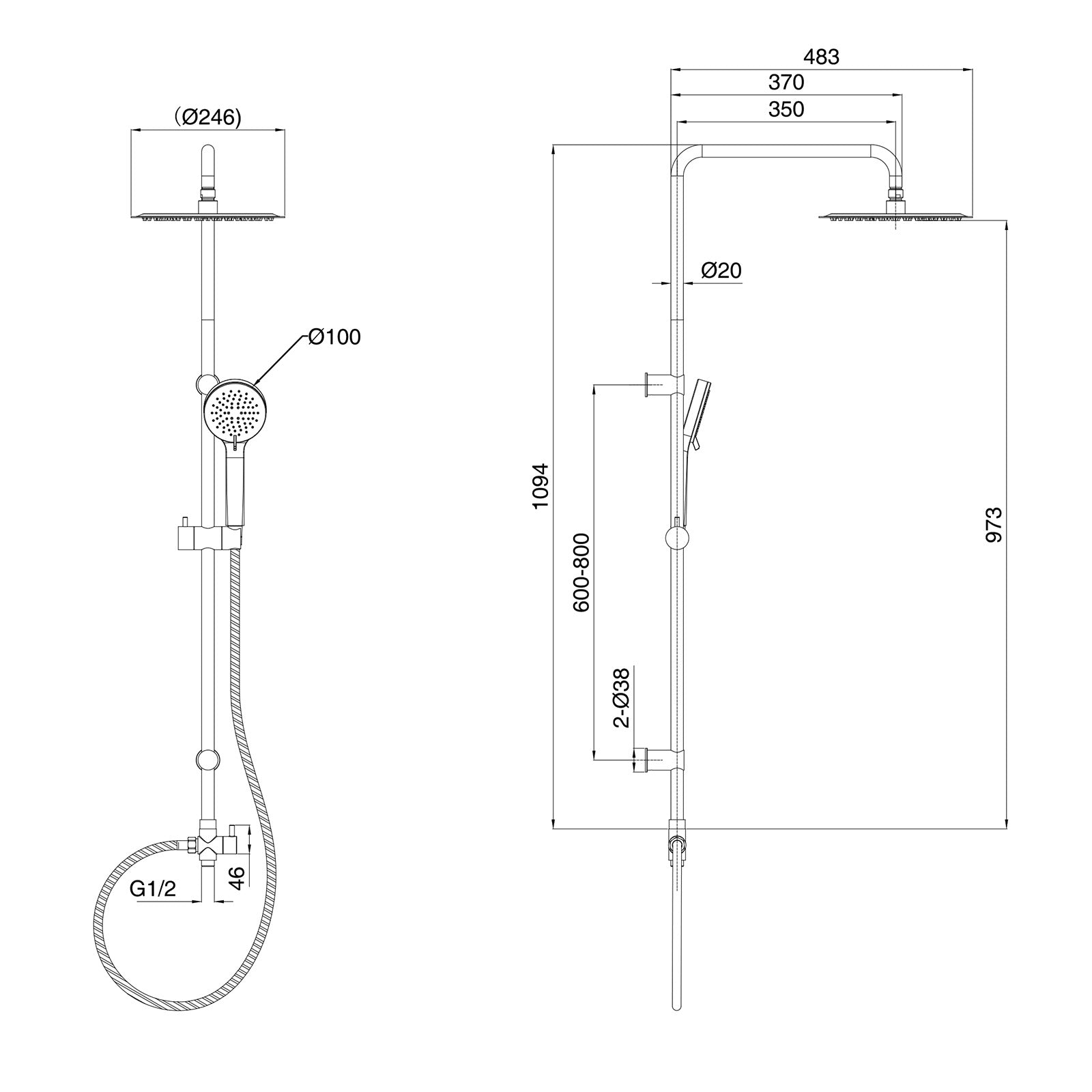 Round Overhead & Hand Shower Thermostatic Mixer & Filler Valve - Chrome