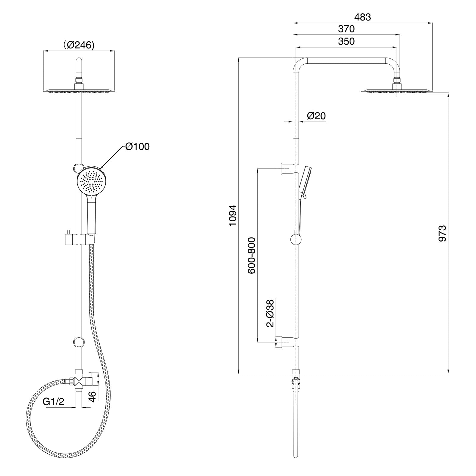 Round Overhead & Hand Shower With Thermostatic Bar Valve Single Outlet - Chrome