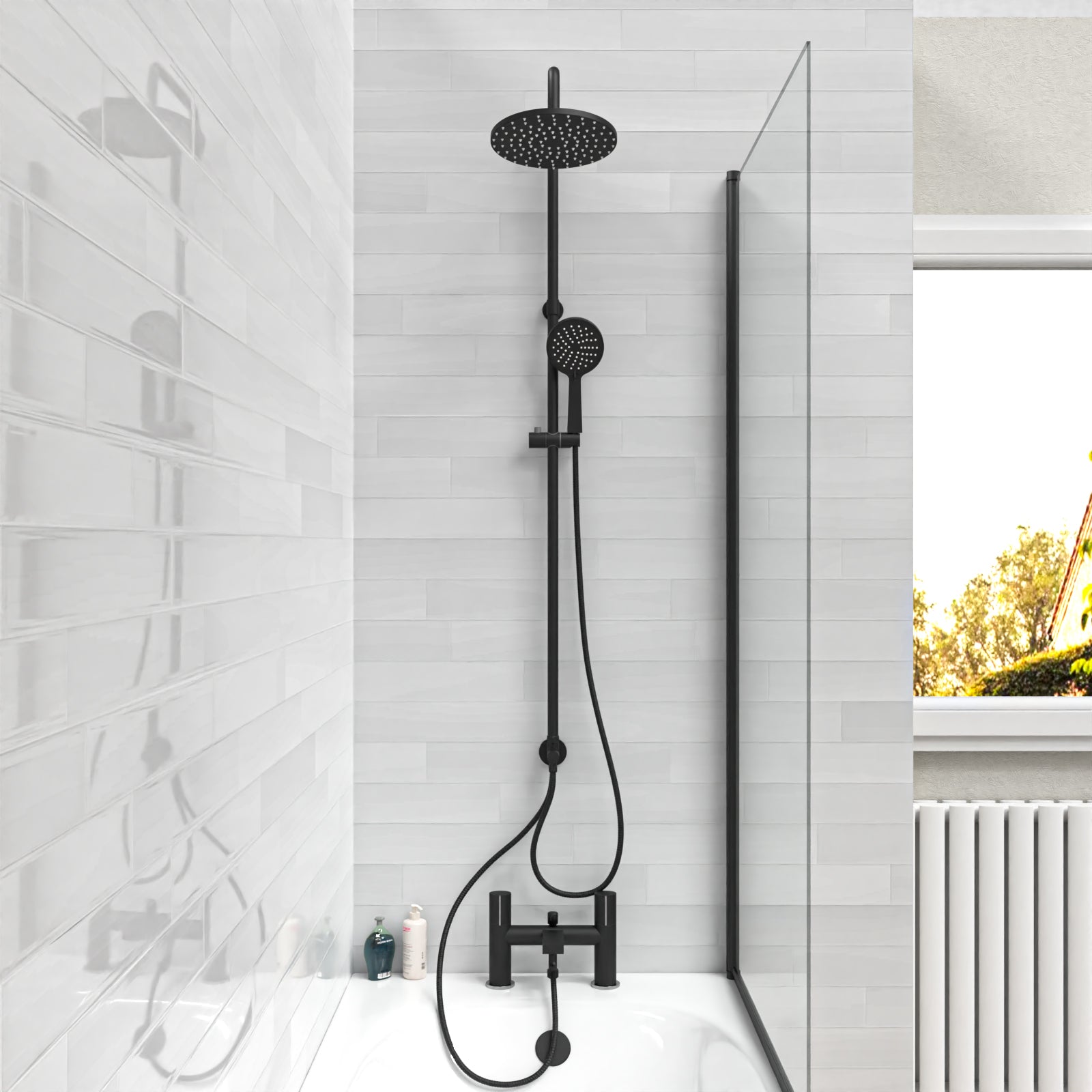 Stamford Round Riser Rail Shower Kit With Bath Mixer Tap & Handset Matte Black