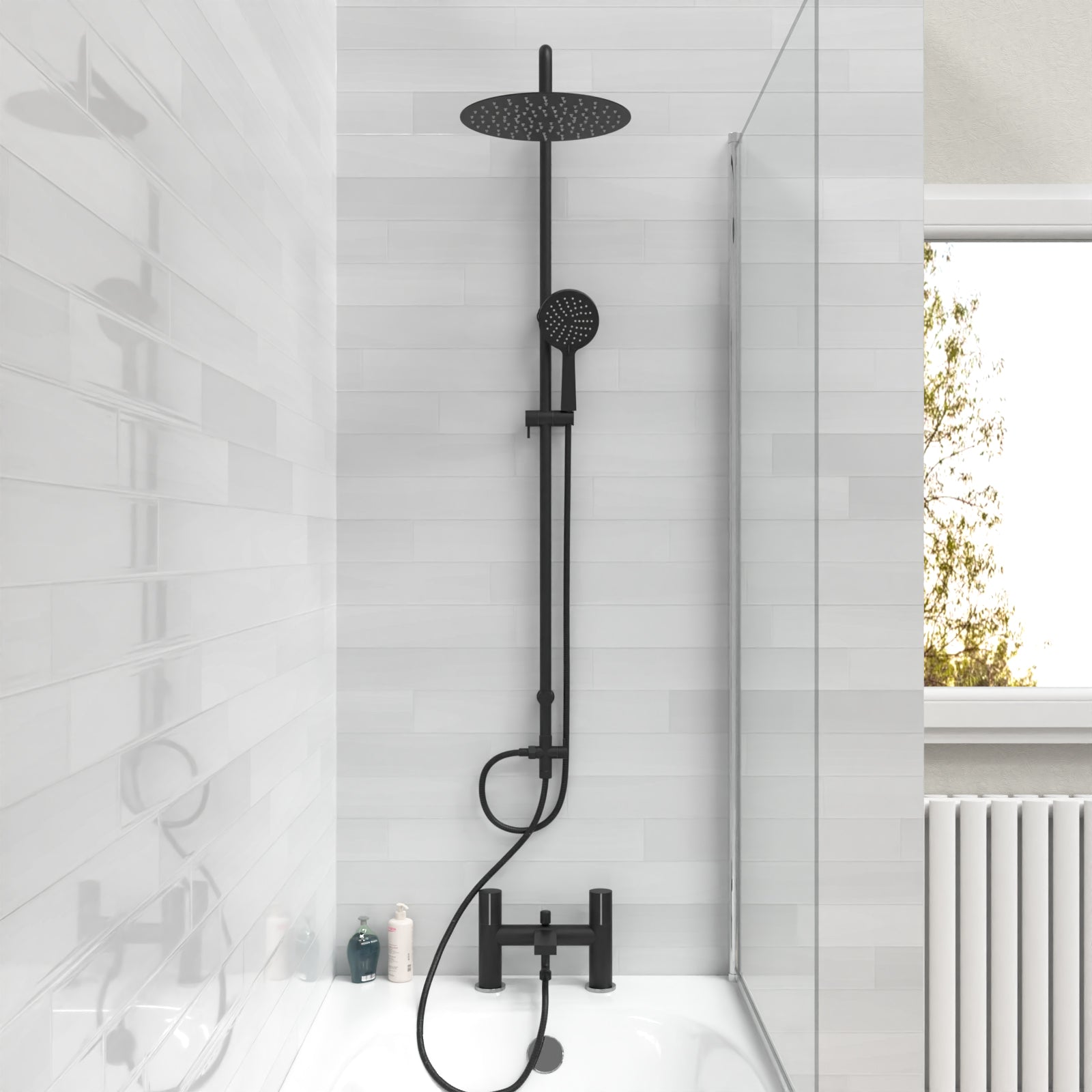 Stamford Round Riser Rail Shower Kit With Bath Mixer Tap & Handset Matte Black