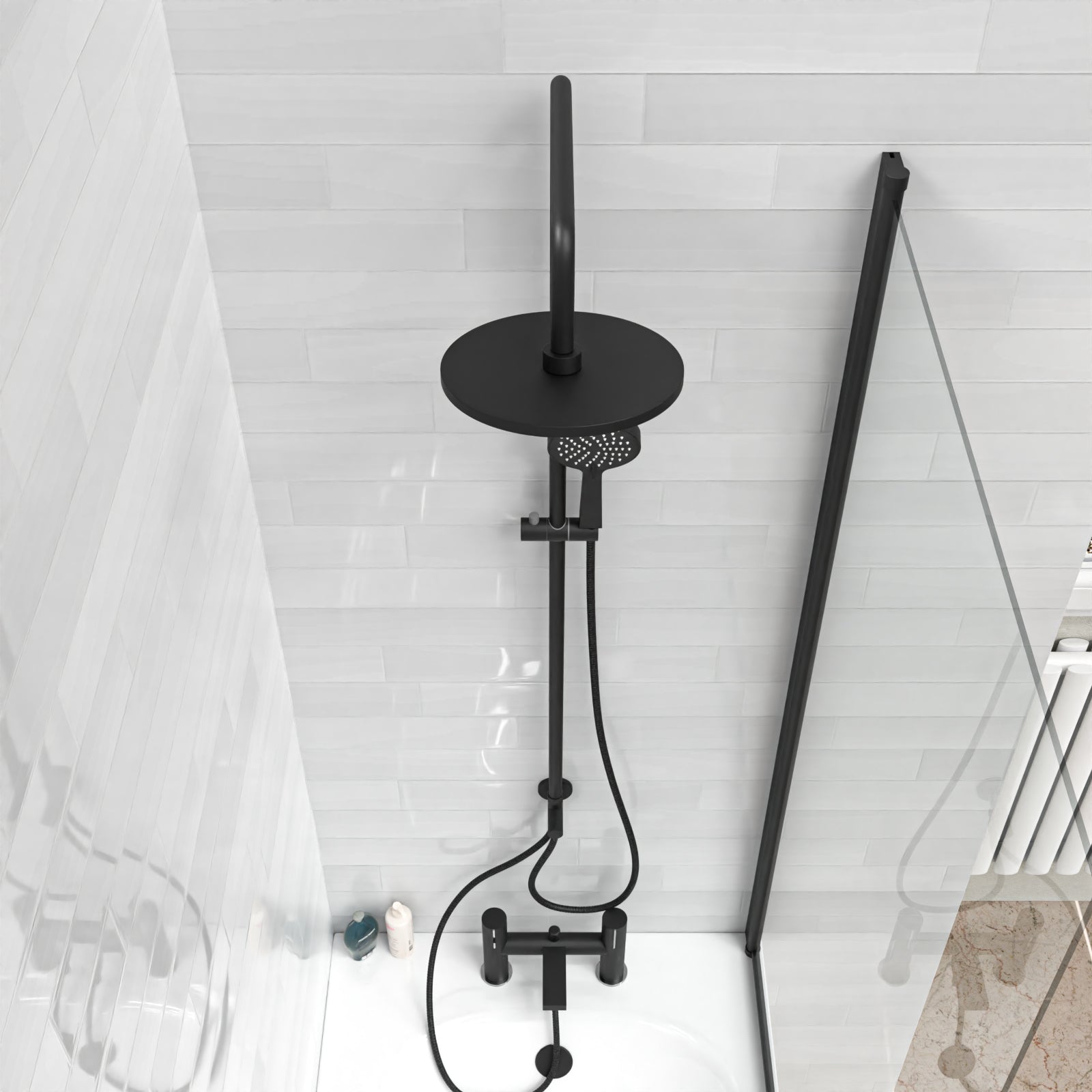 Stamford Round Riser Rail Shower Kit With Bath Mixer Tap & Handset Matte Black