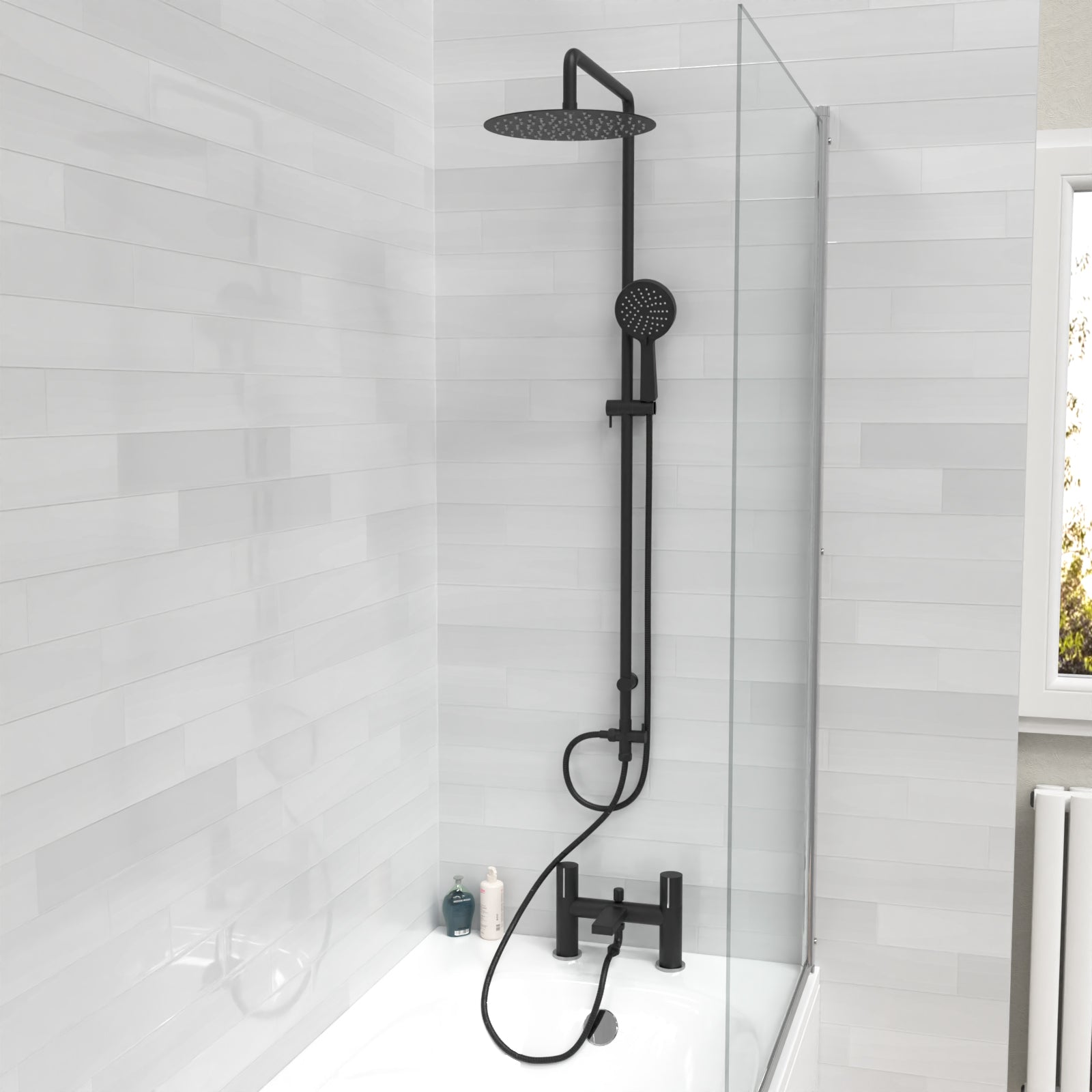 Stamford Round Riser Rail Shower Kit With Bath Mixer Tap & Handset Matte Black