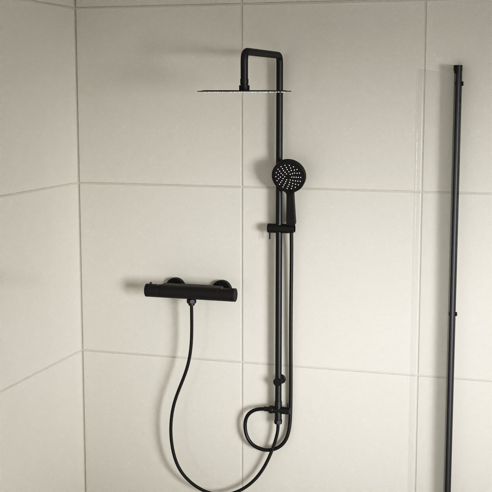 Round Shower Kit With Thermostatic Valve Single Outlet - Matte Black