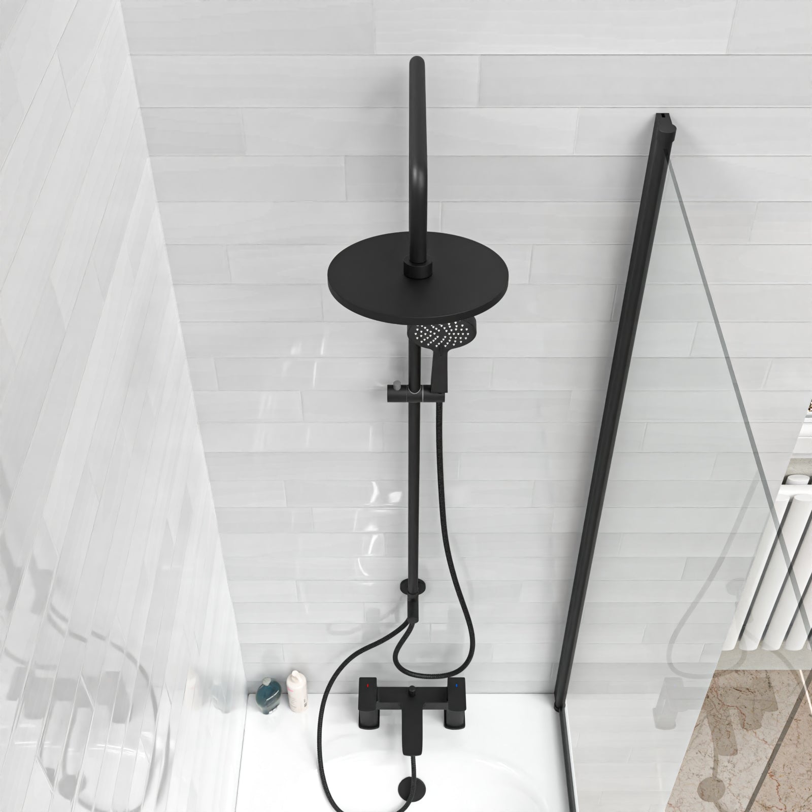 Stamford Round Shower Riser Rail Kit With Bath Mixer & Handset Matte Black