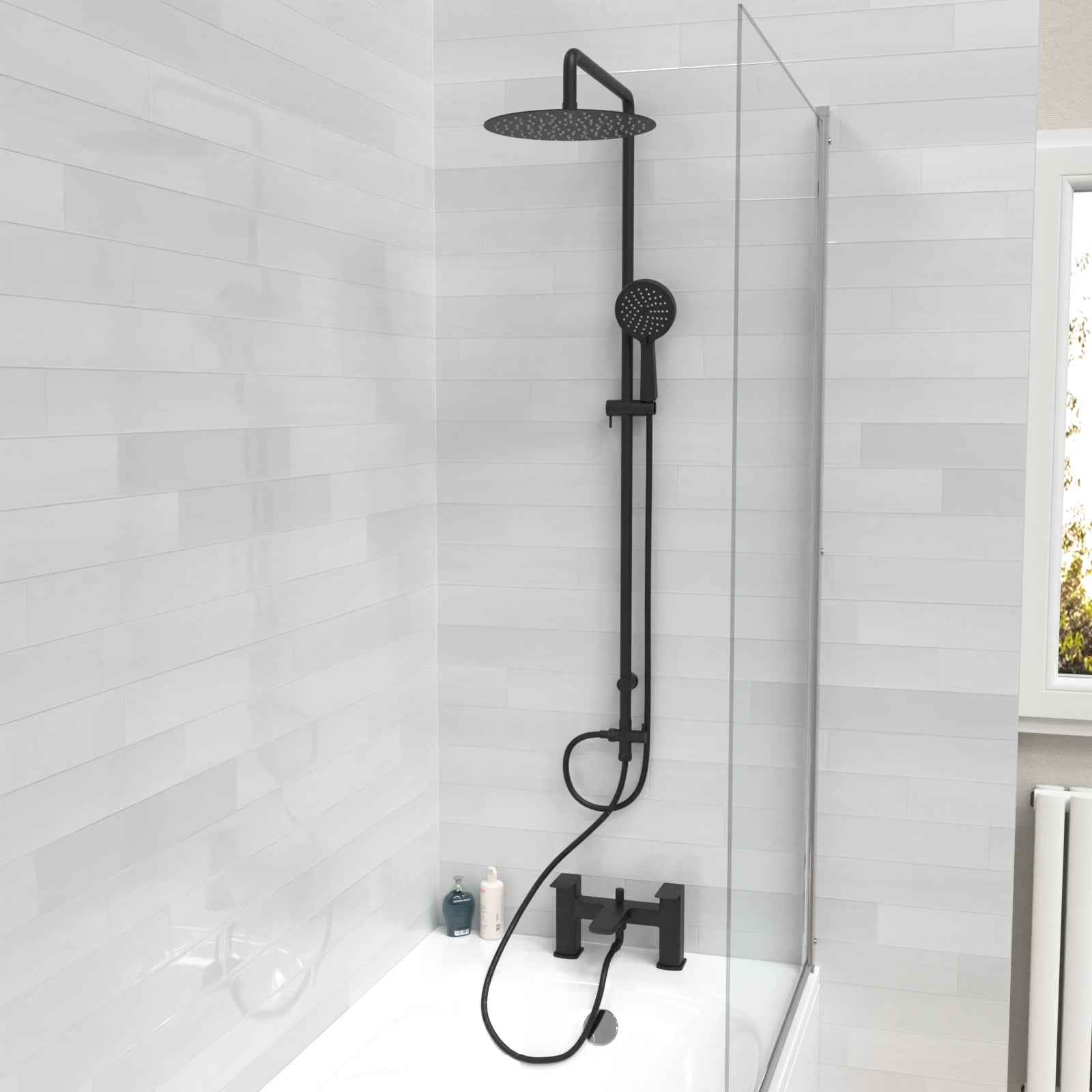 Stamford Round Shower Riser Rail Kit With Bath Mixer & Handset Matte Black