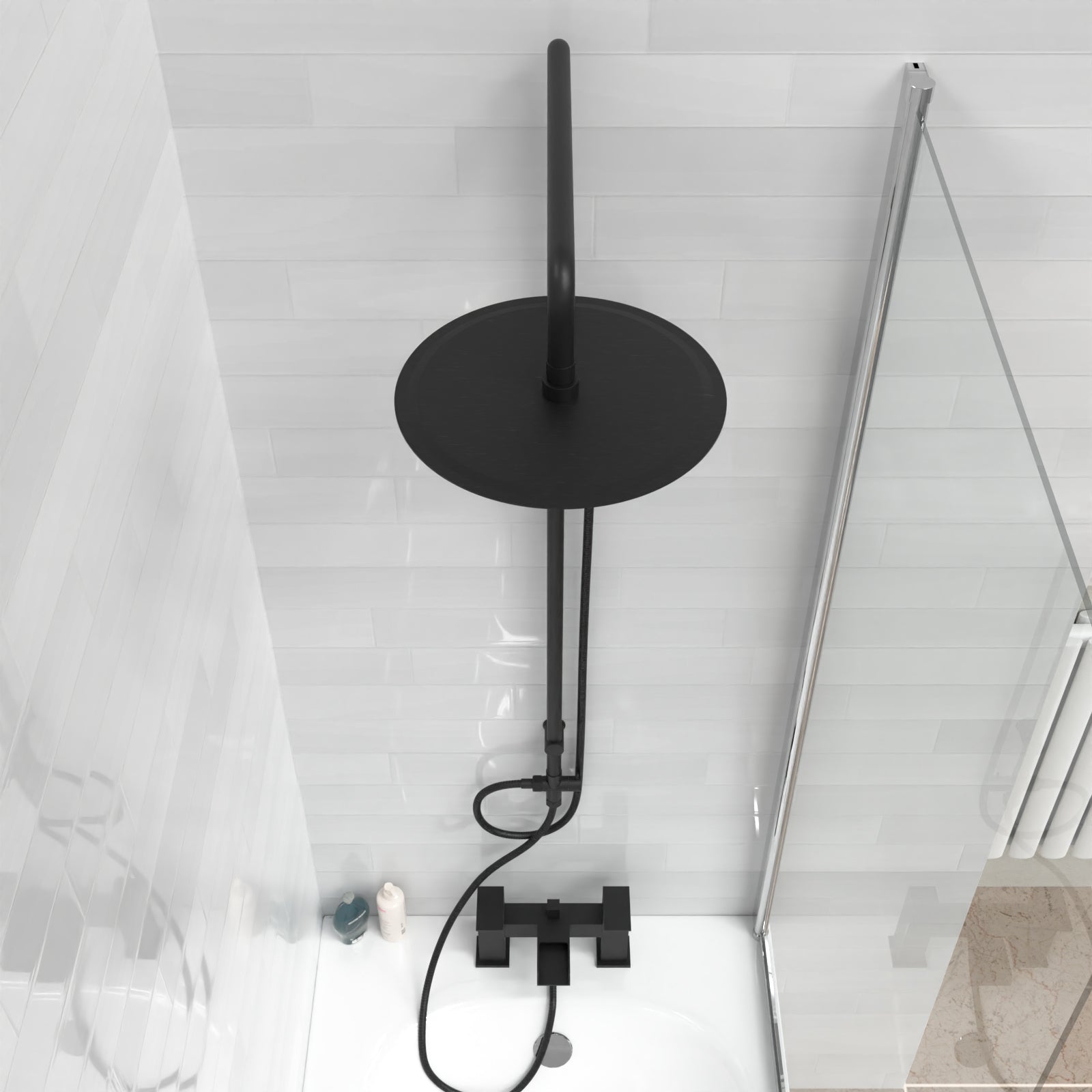 Stamford Round Shower Riser Rail Kit With Waterfall Mixer & Handset Matte Black