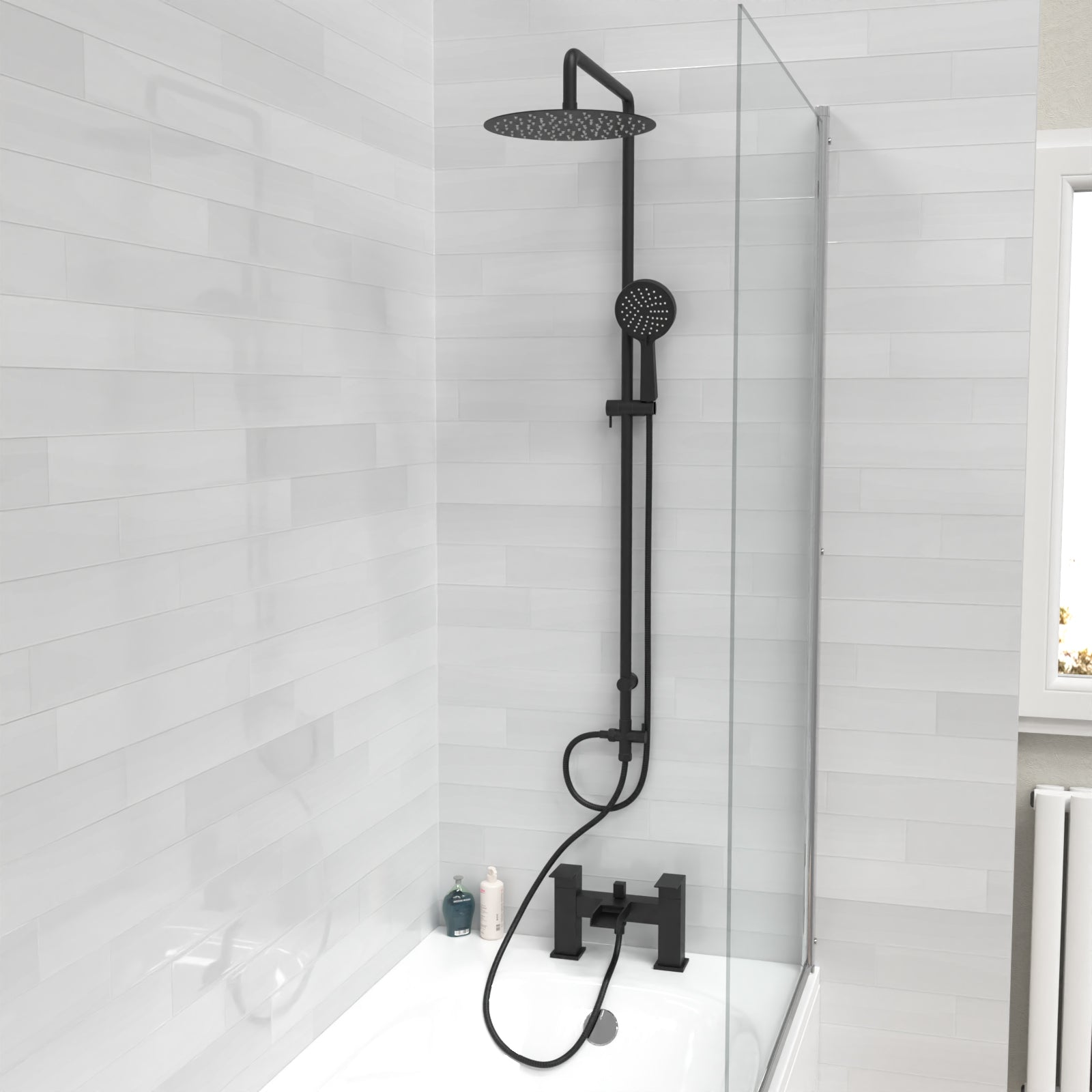 Stamford Round Shower Riser Rail Kit With Waterfall Mixer & Handset Matte Black