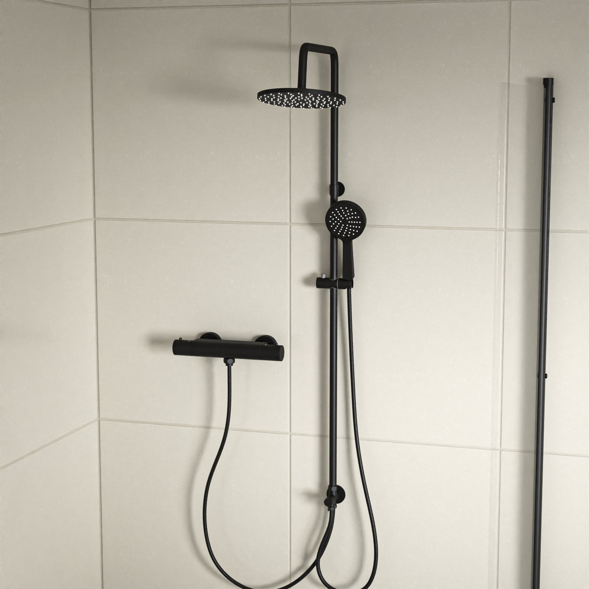 Round Shower Kit With Thermostatic Valve Single Outlet - Matte Black