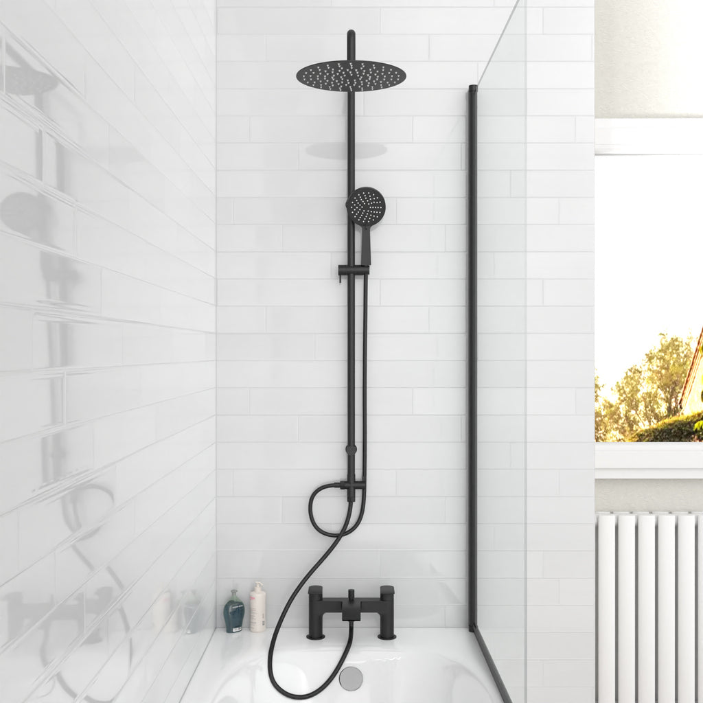 Bath Riser Tiled Stamford Round Shower & Vago Bath Mixer Tap, Handset & Riser Rail Kit