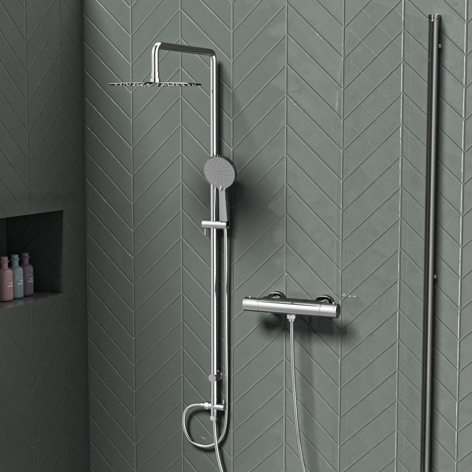 Round Overhead & Hand Shower With Thermostatic Bar Valve Single Outlet - Chrome