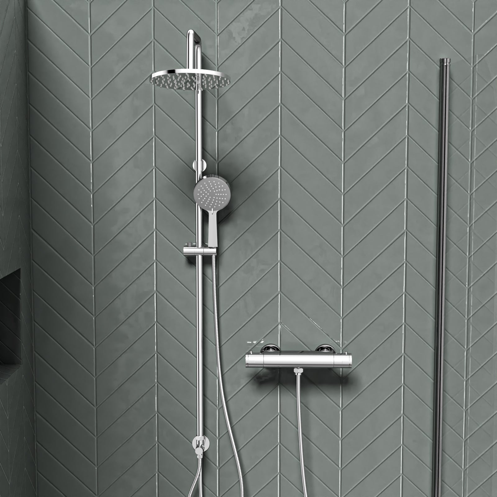 Round Overhead & Hand Shower With Thermostatic Bar Valve Single Outlet - Chrome