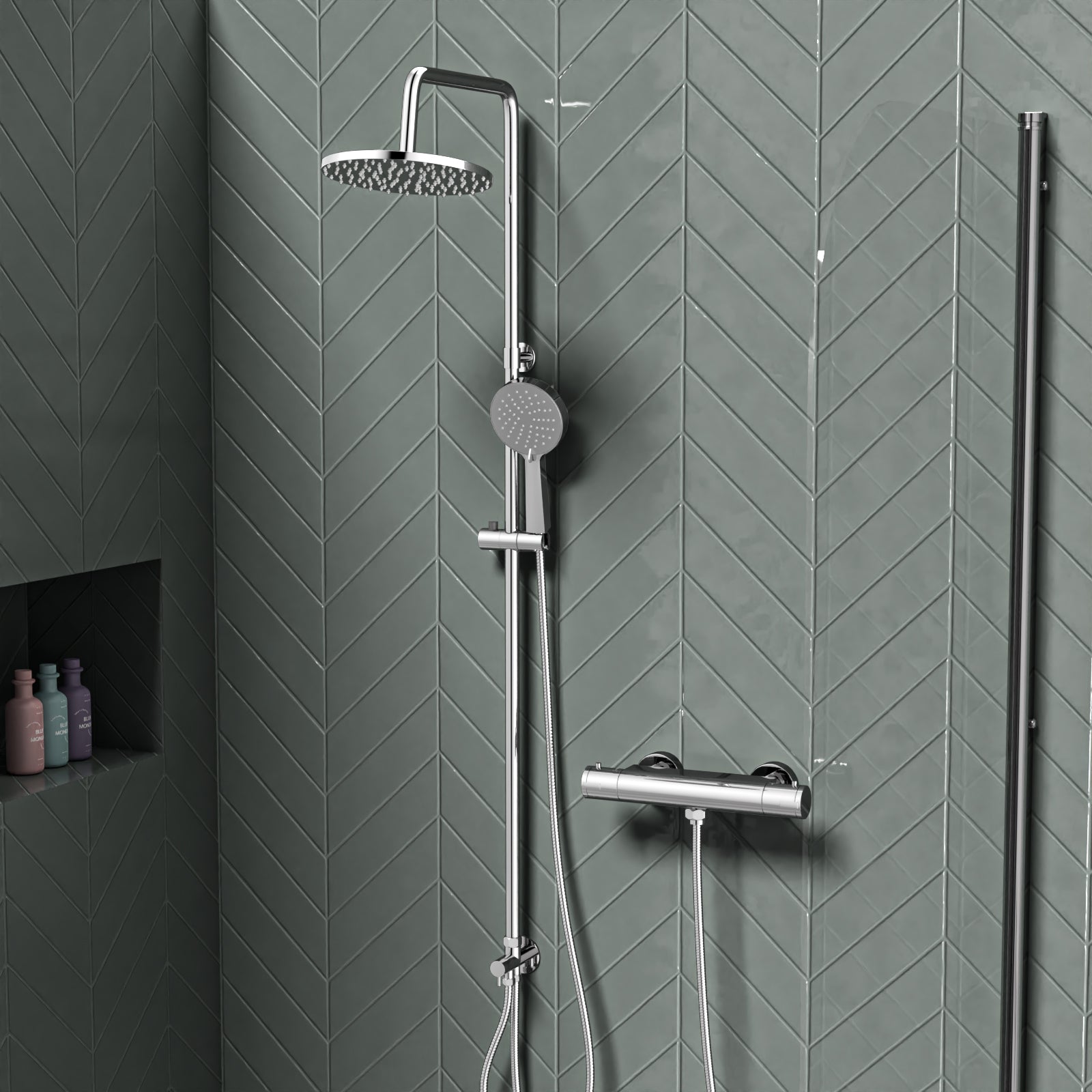 Round Overhead & Hand Shower With Thermostatic Bar Valve Single Outlet - Chrome