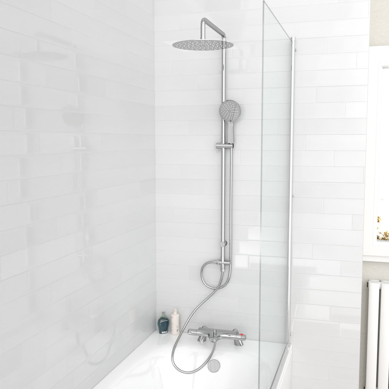 Tasley Exposed Round Shower, Safety Button Thermostatic Mixer Tap, Handset & Riser Rail Kit