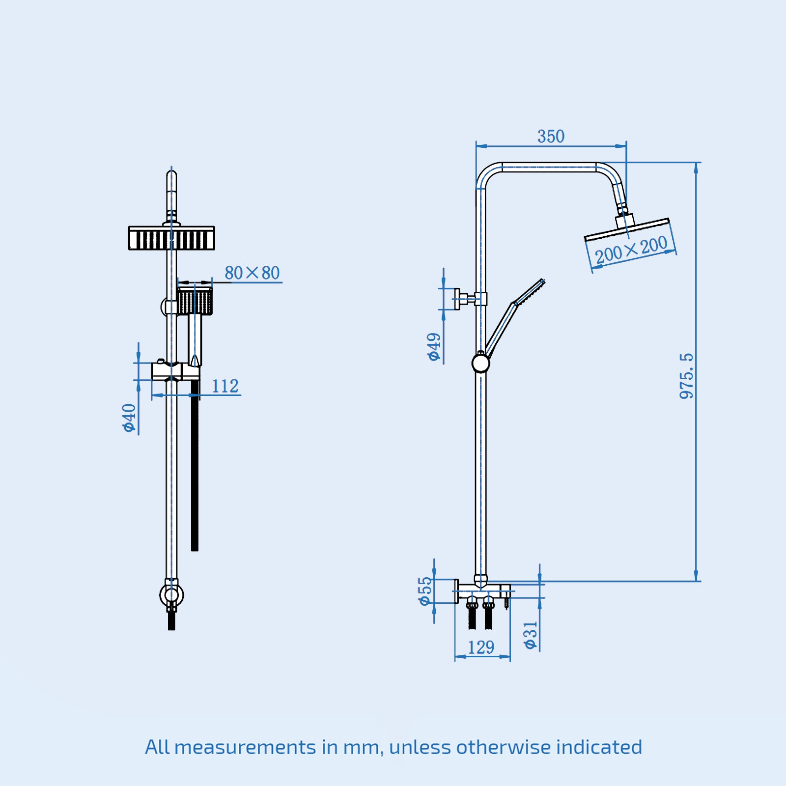 Square Overhead & Hand Shower Thermostatic Valve Single Outlet - Chrome