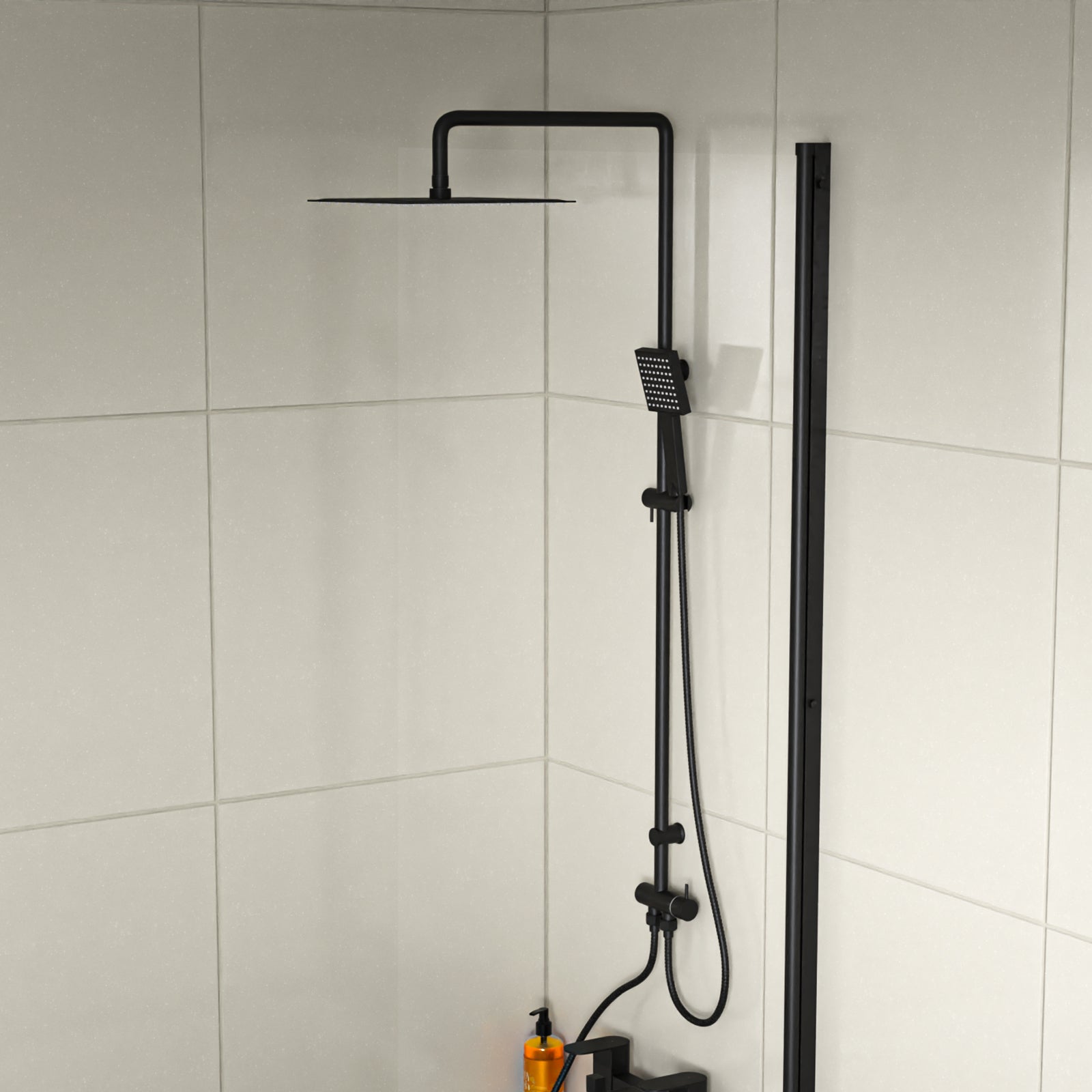 Kinver Modern Exposed Square Shower Mixer Handset & Riser Rail Kit Matte Black