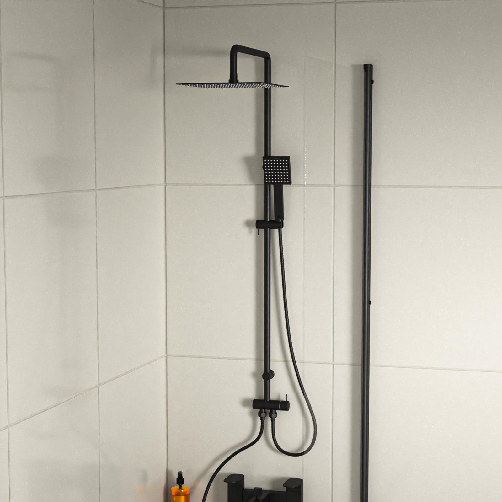 Kinver Modern Exposed Square Shower Mixer Handset & Riser Rail Kit Matte Black