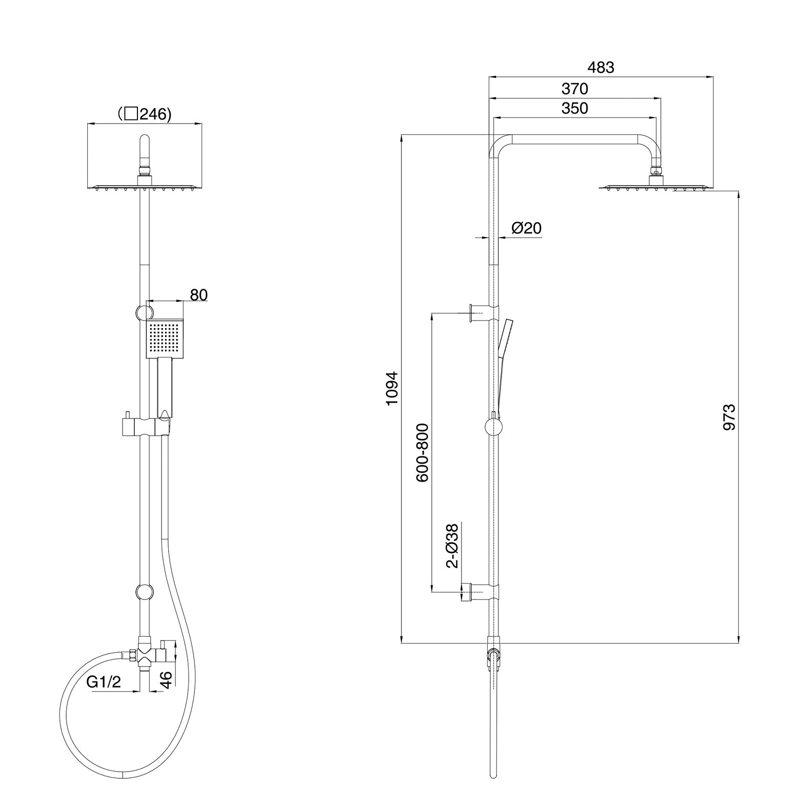 Croxton Square Shower & Vago Bath Mixer Tap, Handset & Riser Rail Kit Matte Black