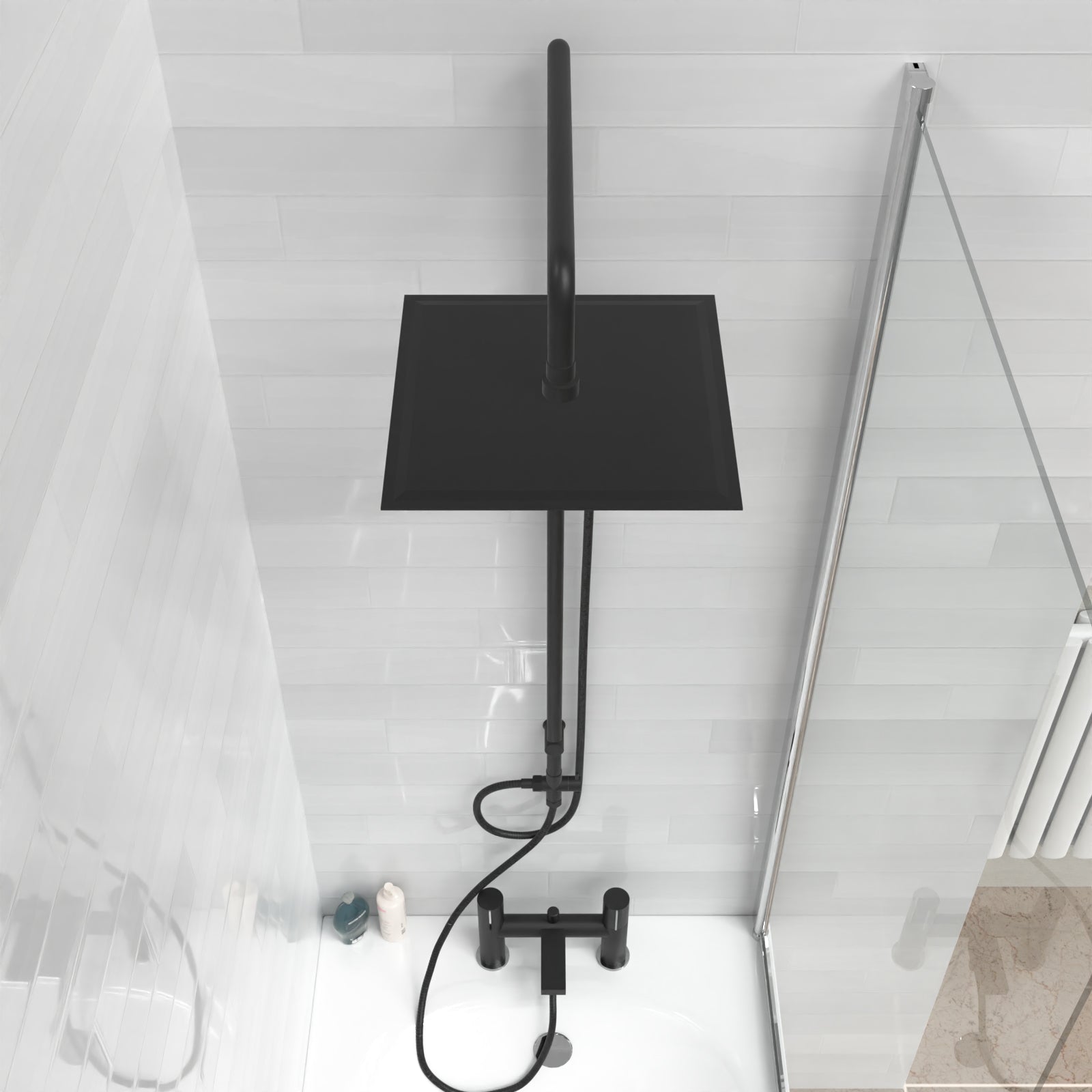 Kinver Square Riser Rail Shower Kit With Bath Mixer Tap & Handset Matte Black