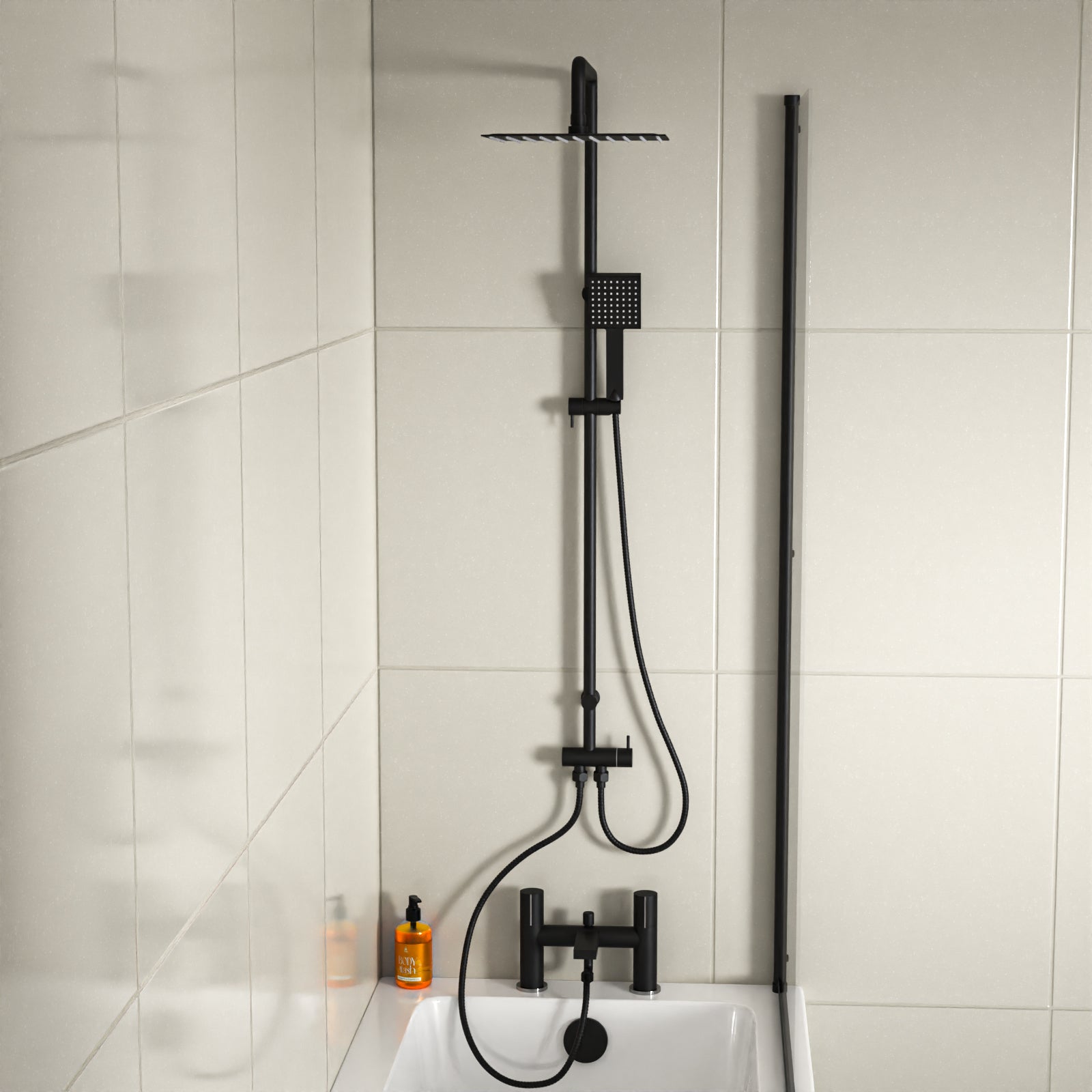 Kinver Square Riser Rail Shower Kit With Bath Mixer Tap & Handset Matte Black