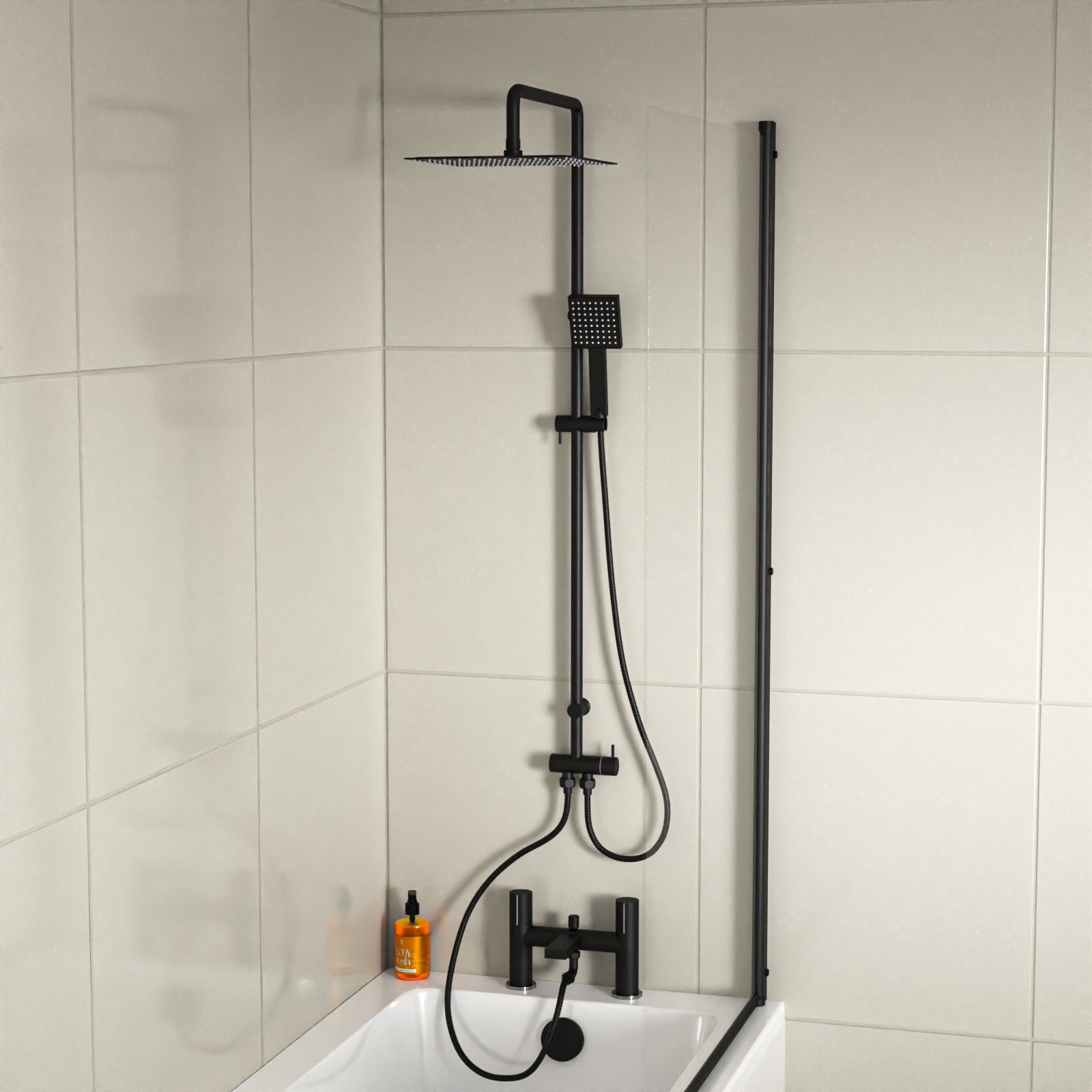 Kinver Square Riser Rail Shower Kit With Bath Mixer Tap & Handset Matte Black
