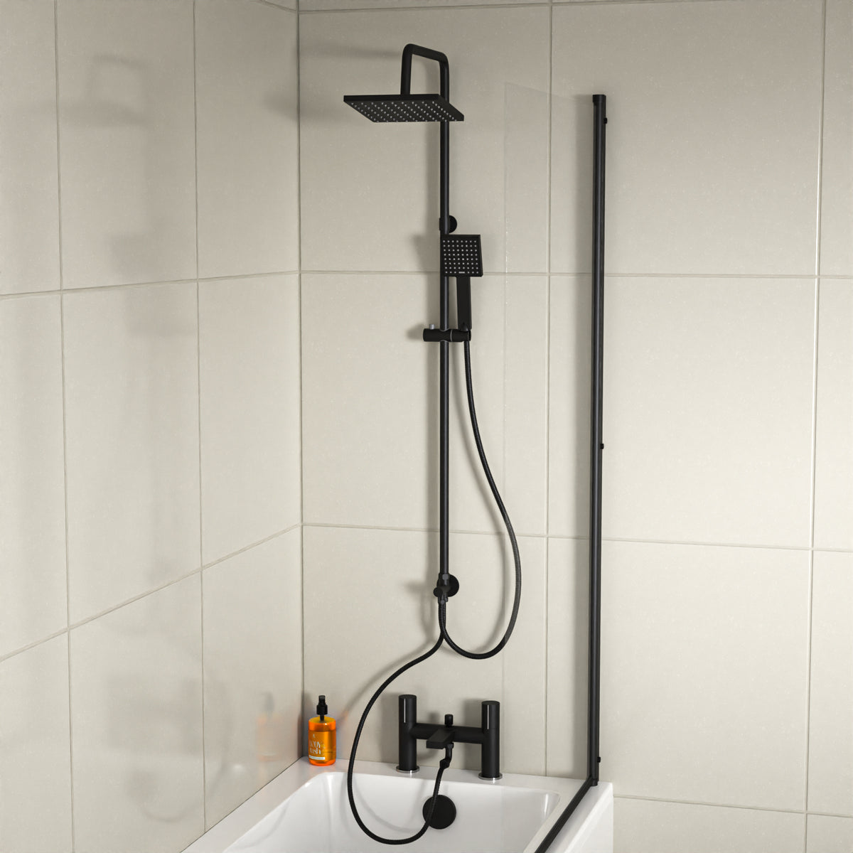Kinver Square Riser Rail Shower Kit With Bath Mixer Tap & Handset Matte Black