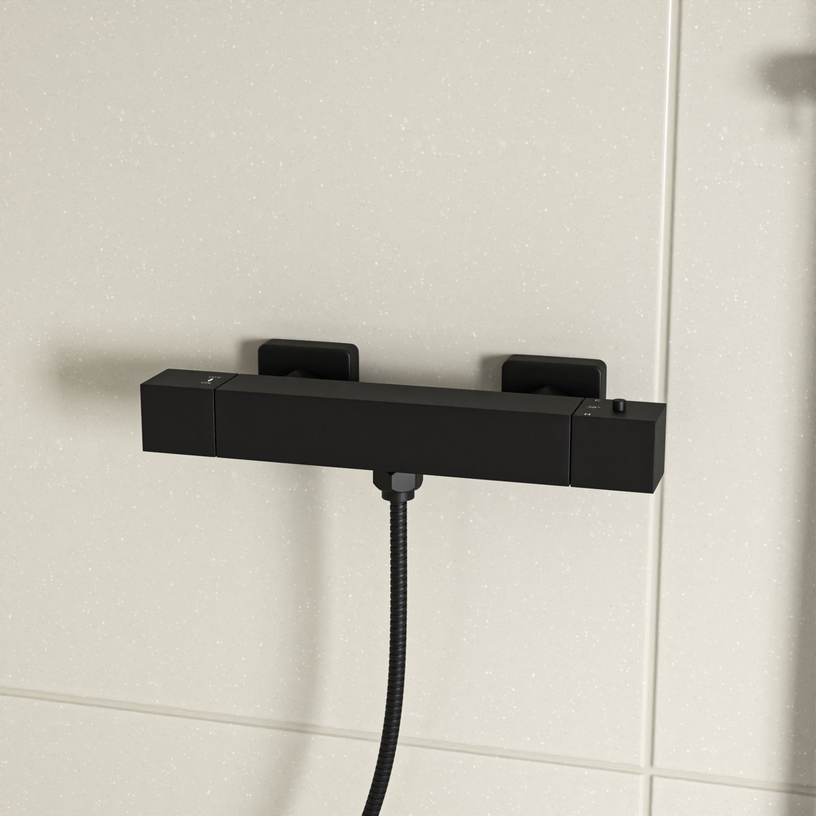 Square Shower Kit With Thermostatic Bar Valve Single Outlet - Matte Black