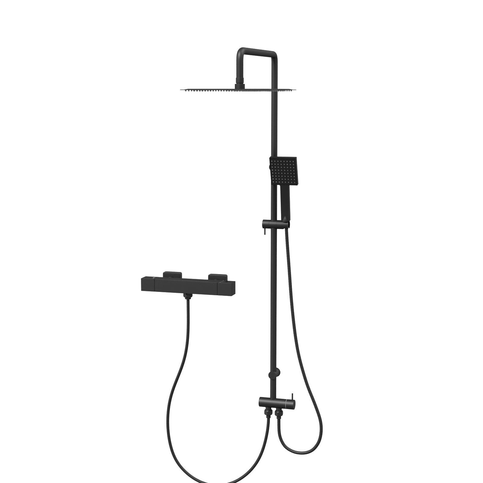 Square Shower Kit With Thermostatic Bar Valve Single Outlet - Matte Black