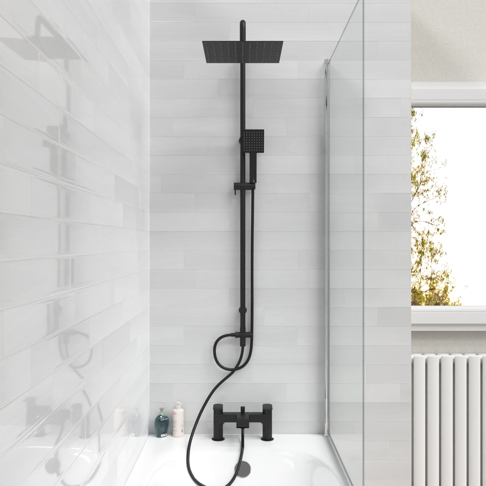 Kinver Square Shower Riser Rail Kit With Mixer Tap & Handset Matte Black