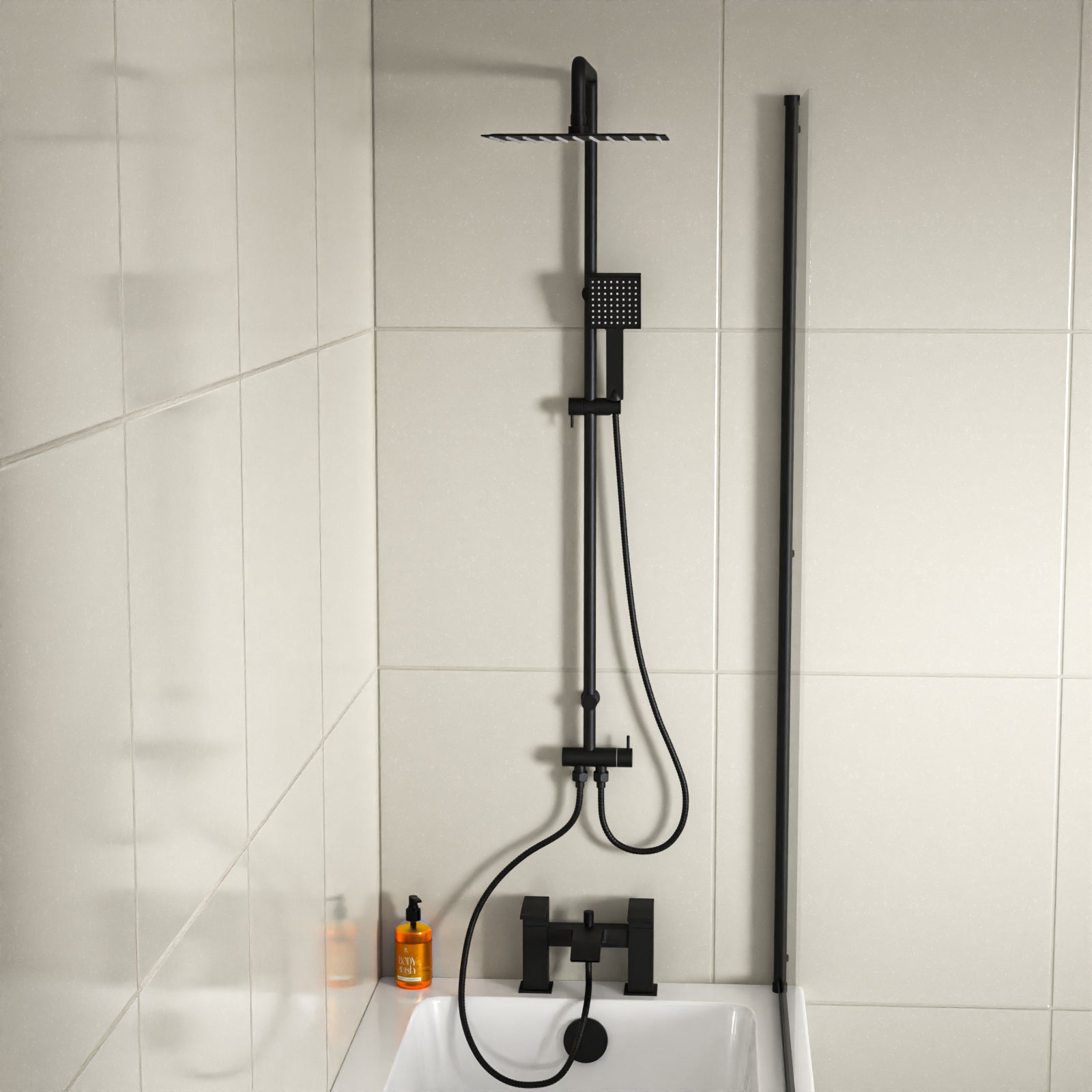 Kinver Square Shower Riser Rail Kit With Mixer Tap & Handset Matte Black